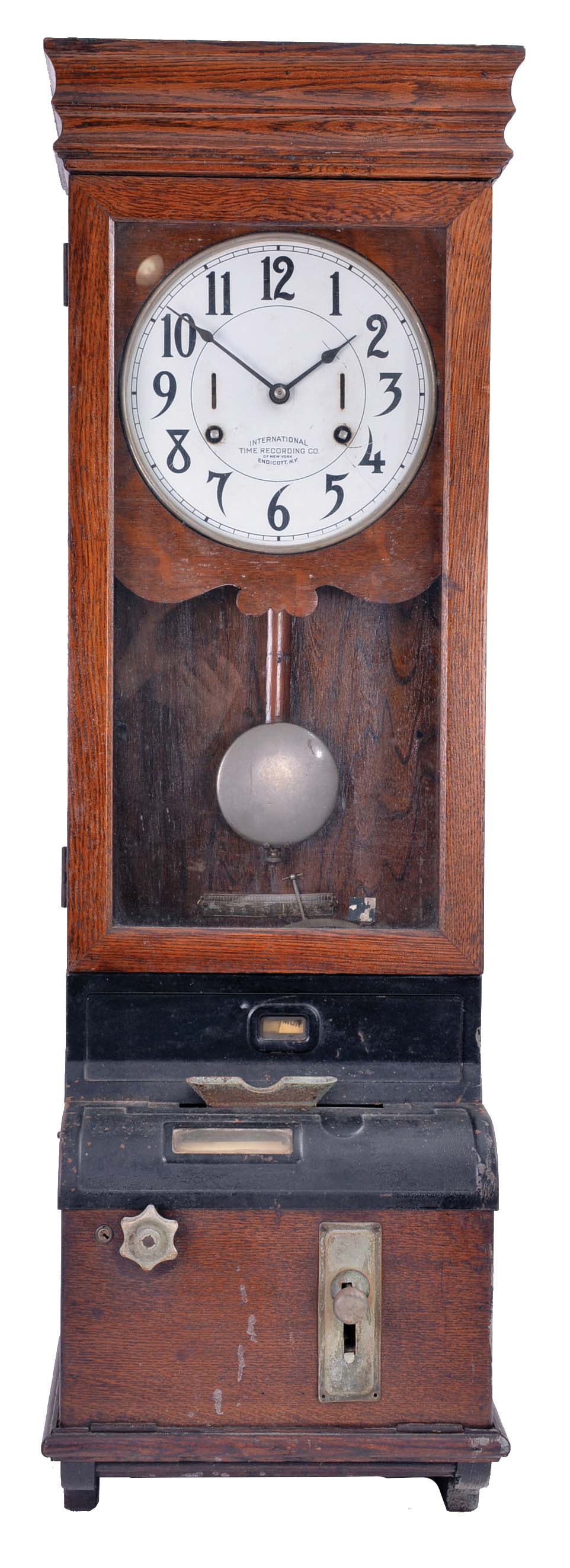 Clocks- 2 (Two) American, 8 day, spring driven hanging: (1) International Time Recording Co., Endicott NY with time recording punch mechanism; (2) Ingraham short drop octagon, time only — Antique Clocks Price Guide