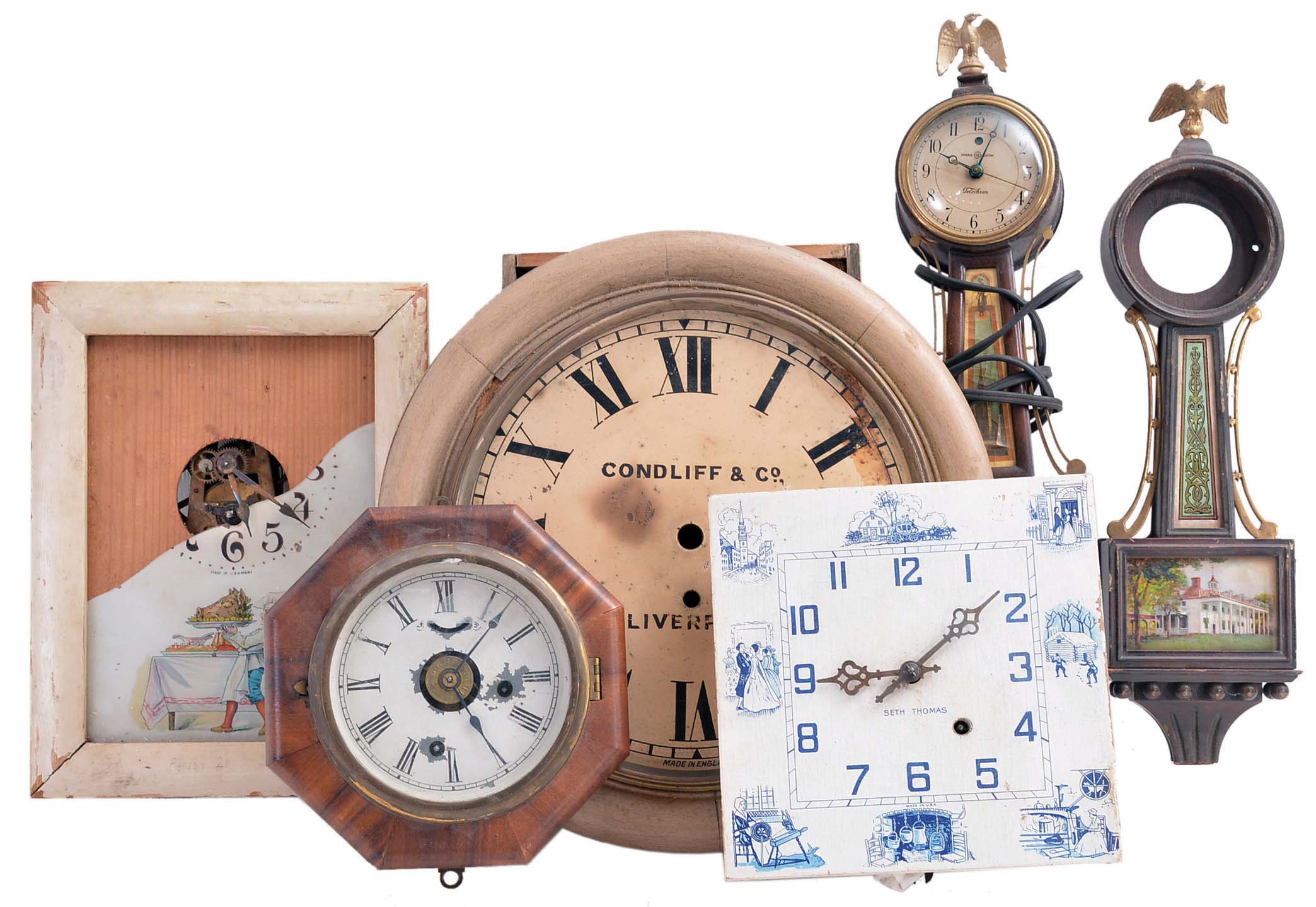 Clocks- 15 (Fifteen) and 5 (Five) case only, all wall hanging: 8 (Eight) short drop octagon including a New Haven with rosewood veneer, Ansonia "Regulator A", Russel & Jones, Pittsfield, Mass. (successors to Terry Clock Co.) hanging gingerbread in oak with alarm, New Haven marine octagon, partial banjo case with Waltham movement also including three banjo case only, miniature banjo case only and a gallery clock case only — Antique Clocks Price Guide