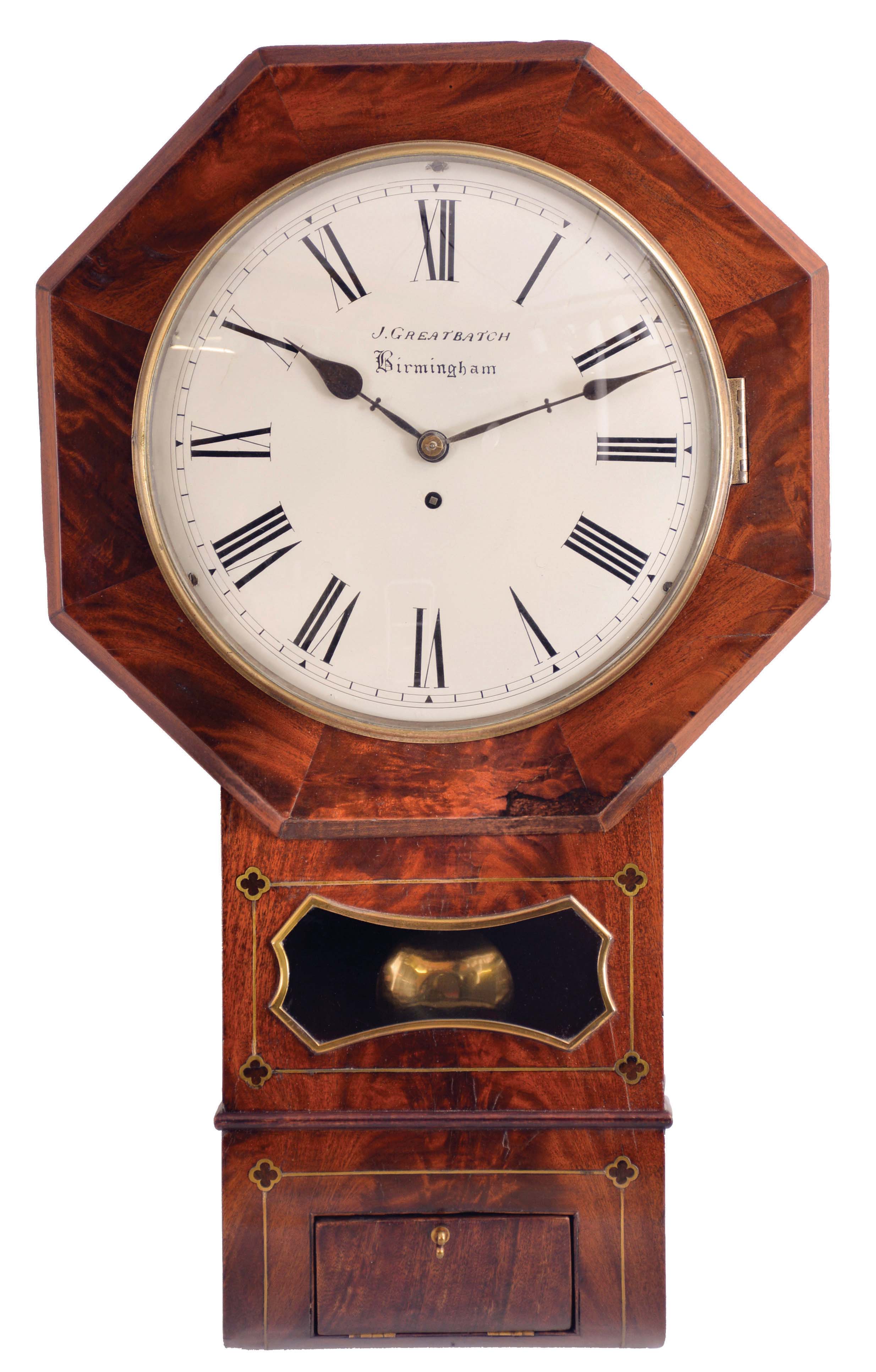 English, 8 day, spring driven, fusee movement drop octagon wall timepiece, in a mahogany case with bevelled edges, the painted dial signed J. Greatbatch, Birmingham. — Antique Clocks Price Guide