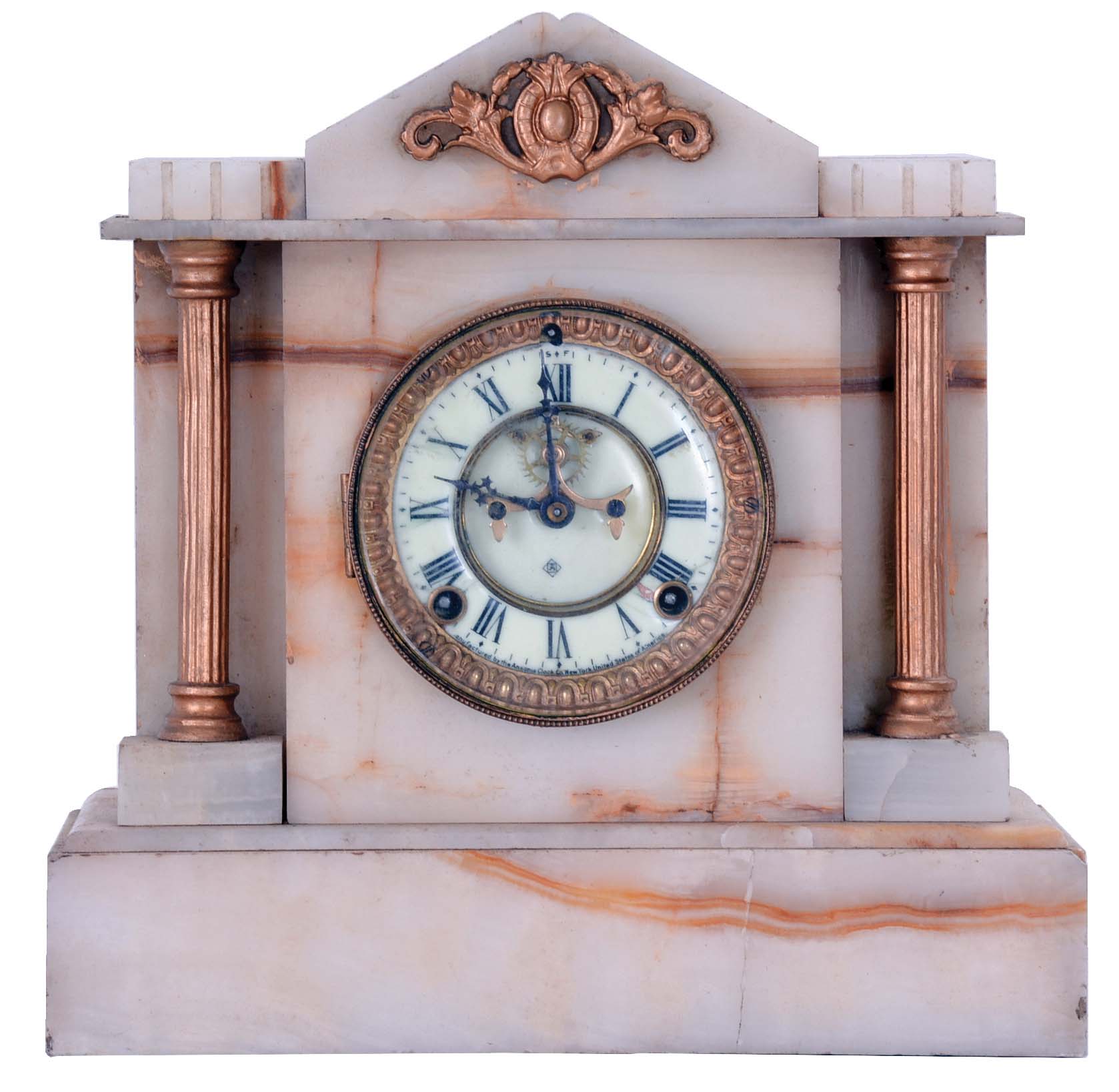 Ansonia Clock Co., New York, unidentified model shelf clock with an 8 day spring driven time and strike visible escapement movement in a white onyx case. — Antique Clocks Price Guide