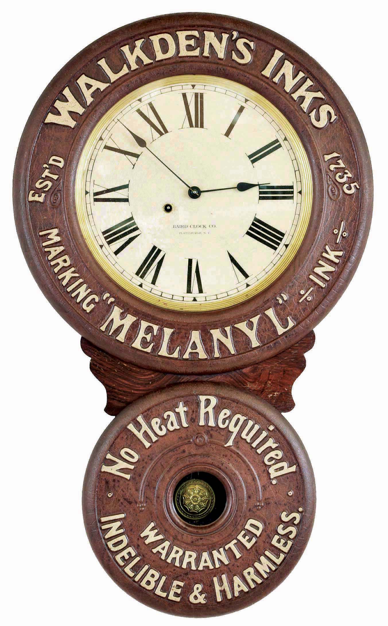 Baird Clock Manufacturing Co., Plattsburg, NY, 8 day, spring driven brass movement advertising wall timepiece. This timepiece advertises the English firm "Walkden's Inks" which was established at London, England in 1735. Walkden was the oldest existing company that commissioned Baird clocks. — Antique Clocks Price Guide