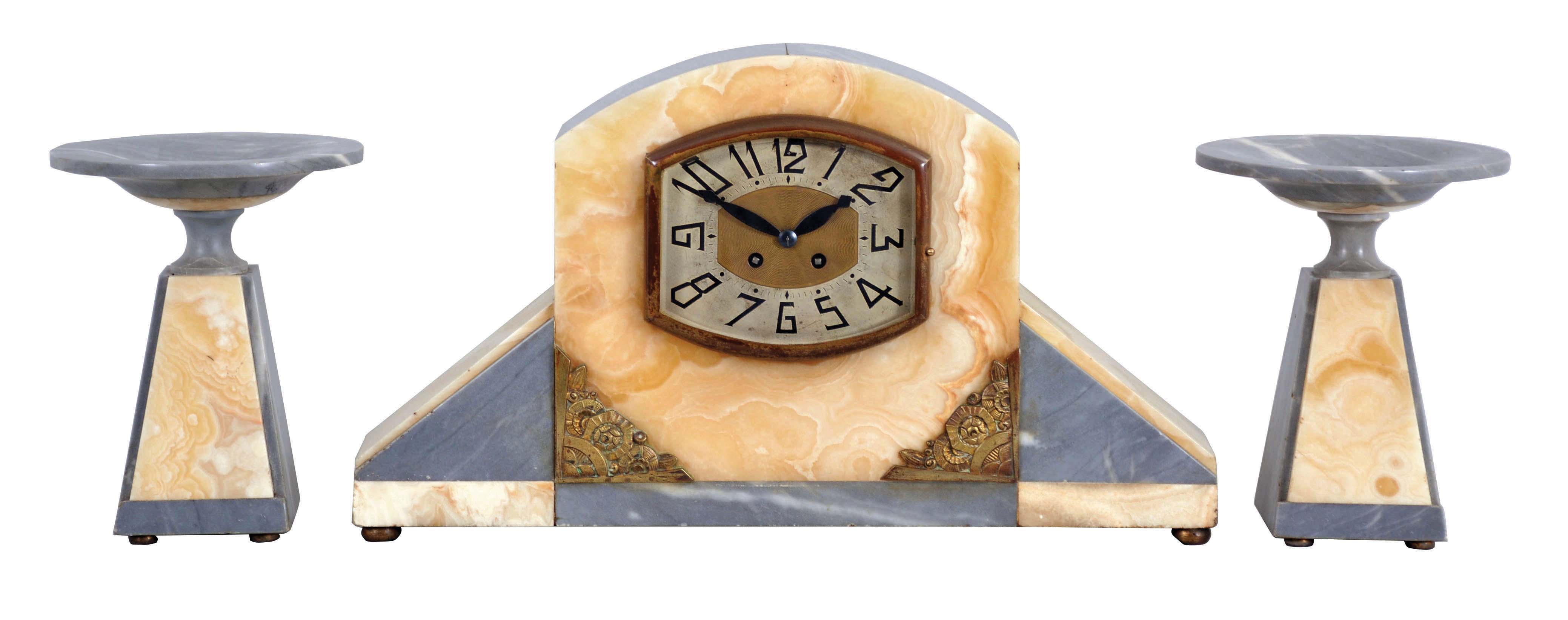French, F. Marti, 3 piece mantel garniture set with 8 day, time and strike, spring driven movement in a multi color onxy Art Deco case, white base with gray marble top, sides, and front panels, brass ornaments, silvered dial with patterned center, and matching marble tazze, c1920. — Antique Clocks Price Guide