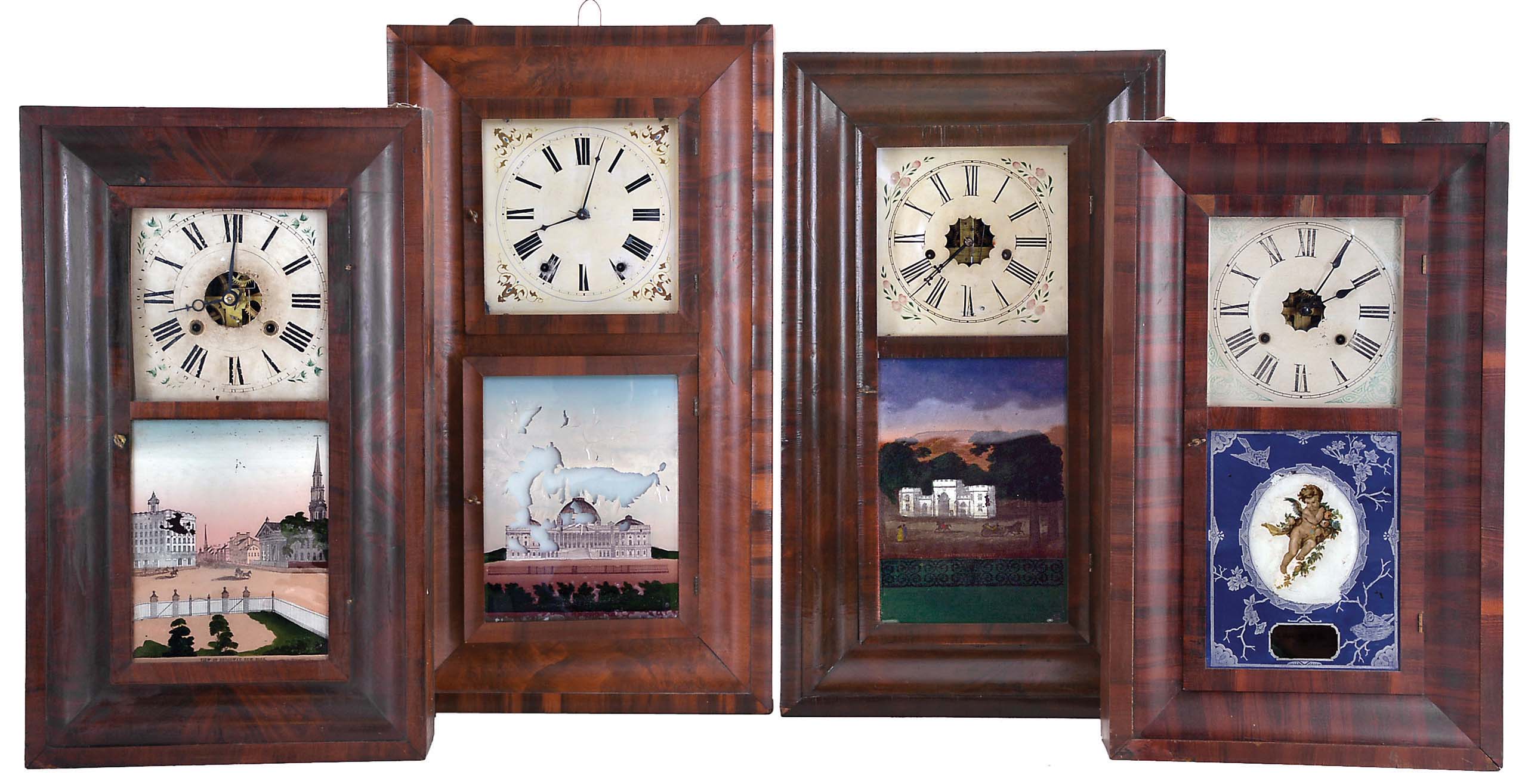 Clocks- 4 (Four): (1) Ansonia Clock Co., New York, NY, 30 hour, time and strike, weight driven brass movement OG shelf clock, c1850; (2) Sperry & Shaw, New York, New York, 30 hour, time and strike, weight driven brass movement OG shelf clock, c1845; (3) E. N. Welch, Forestville, Conn., 8 day, time and strike, weight driven brass movement OOG shelf clock, c1860; (4) Chauncey Jerome, New Haven, Conn., 8 day, time and strike, weight driven brass movement OOG shelf clock, c1850 — Antique Clocks Price Guide