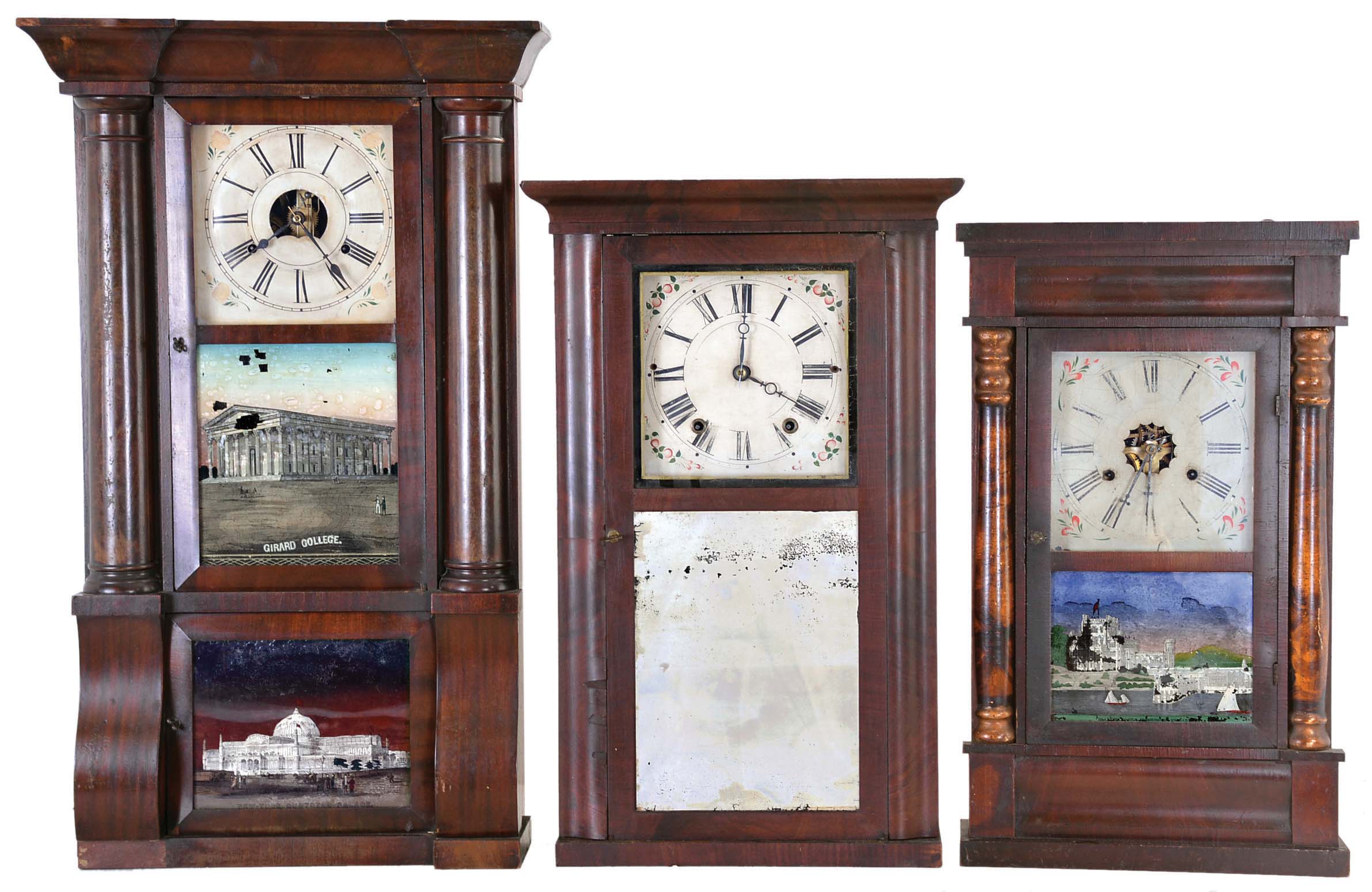 Clocks- 3 (Three): (1) Jonathan Frost, Reading, Mass., 30 hour, time and strike weight wood movement OG side and cornice top shelf clock, c1830; (2) Jerome & Co. (New Haven Clock Co.), New Haven, Conn., 30 hour, time and strike, weight driven brass movement column clock, c1865; (3) Birge, Peck & Co., Bristol, Conn., 8 day, time and strike, weight driven brass movement column & cornice shelf clock, c1850 — Antique Clocks Price Guide