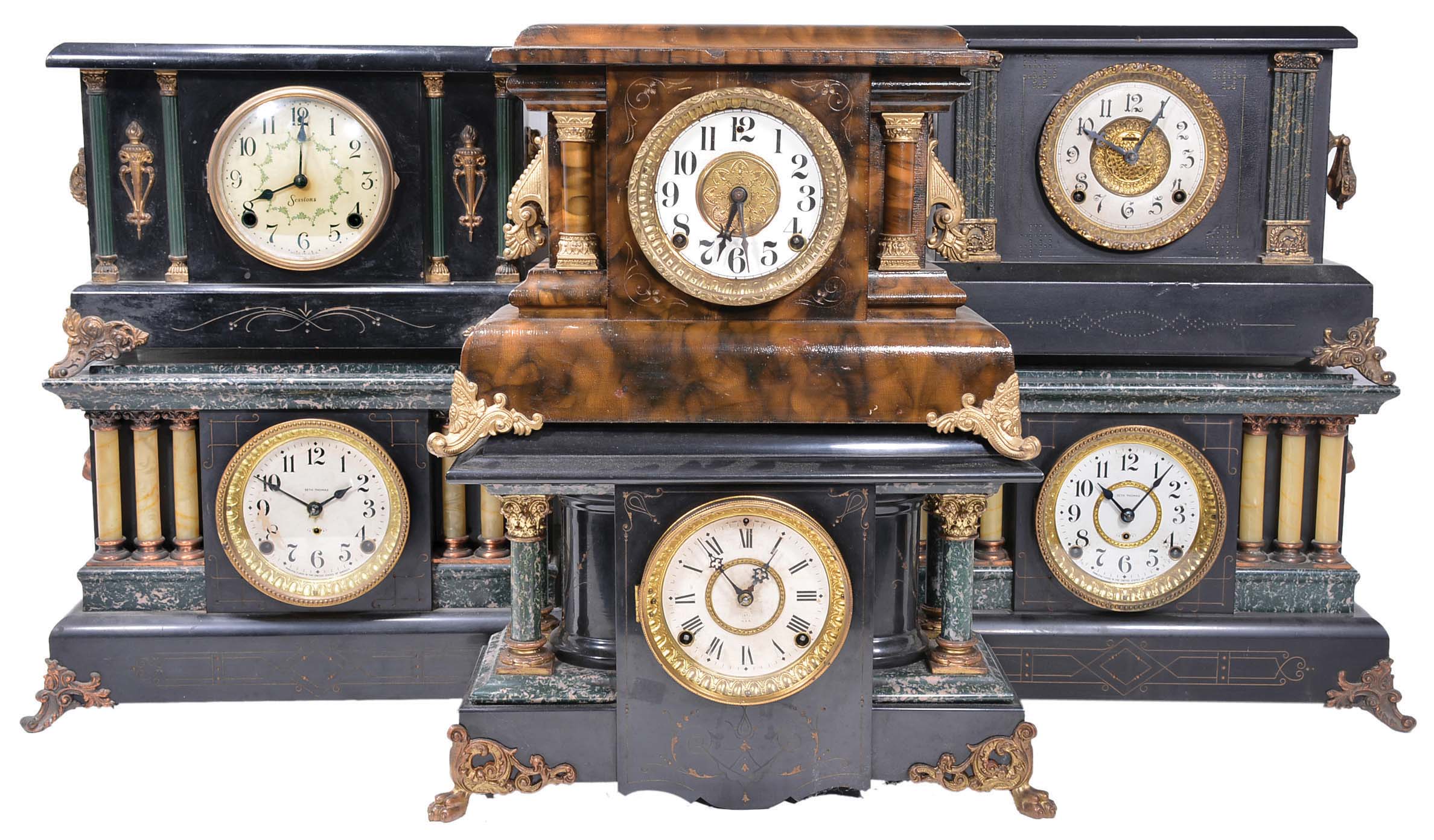 Clocks- 11 (Eleven) black mantel including E. Ingraham, Sessions, several Seth Thomas adamantine including the "Shasta" model, Welch "Nicolini" and an iron cased Waterbury. — Antique Clocks Price Guide