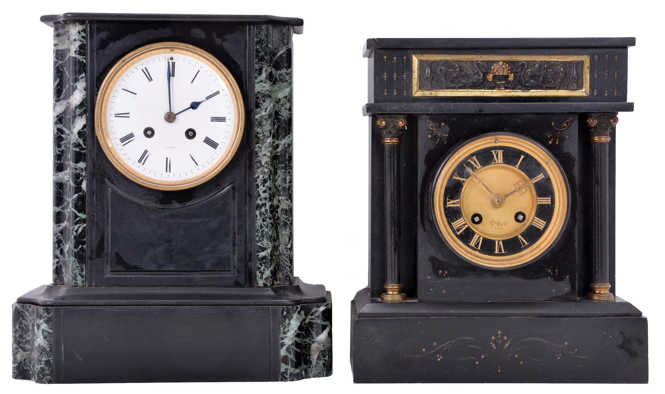 Clocks- 2 (Two) French mantel clocks, count wheel and bell time and strike, 8 day, spring driven, black marble cases, porcelain and stone dials one signed "A. Joigny" and the other signed "Gve. Rey, Paris". — Antique Clocks Price Guide