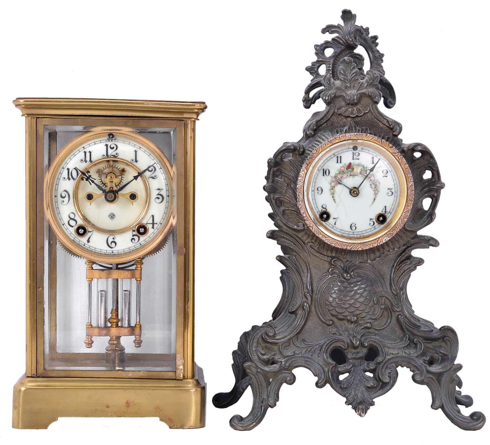 Clocks- 2 (Two) American: (1) Ansonia Clock Co., Brookline NY, "Prism" crystal regulator, 8 day time and strike, spring driven with visible escapement; (2) New Haven Clock Co., New Haven CT, "Arnold" metal case mantel clock, 8 day, time and strike with porcelain dial. — Antique Clocks Price Guide