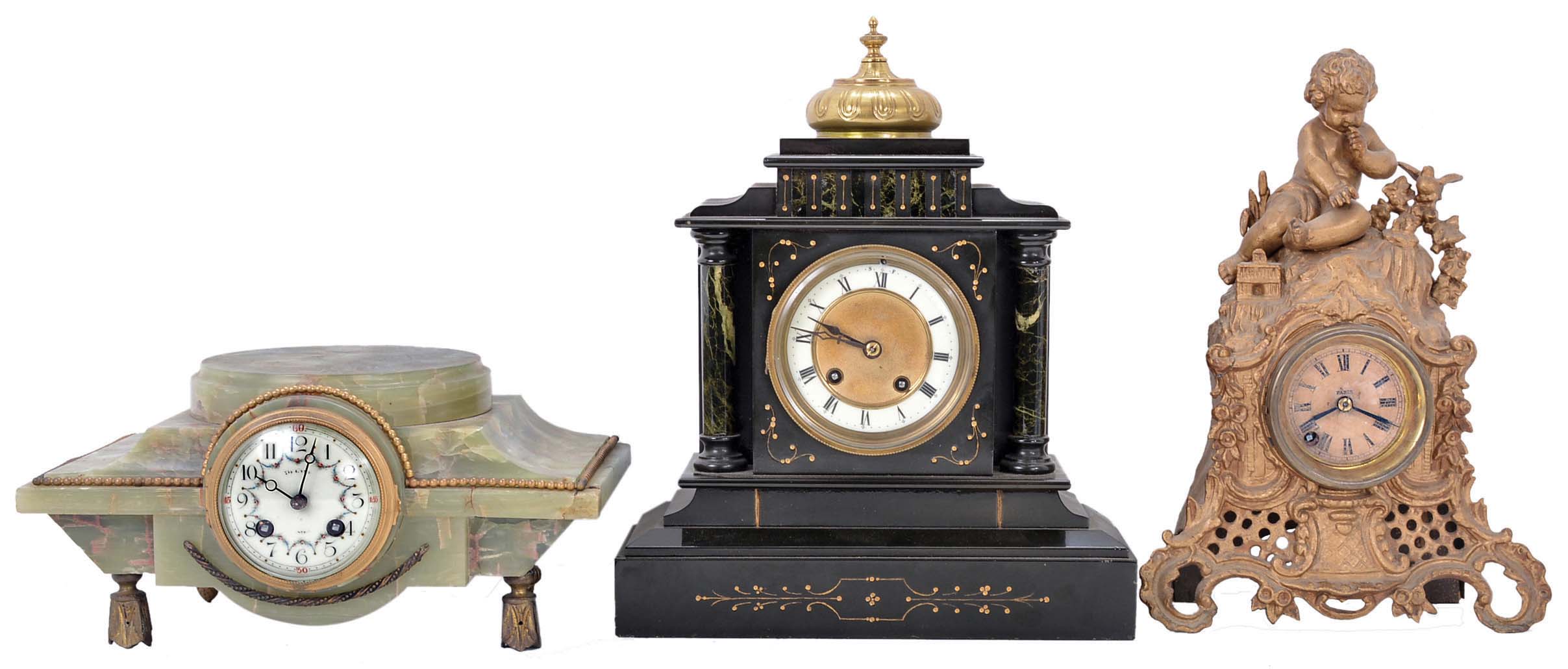 Clocks- 3 (Three) European mantel: (1) French time and strike mantel clock in green onyx case; (2) Hamburg American Clock Co., Germany, time and strike mantel clock in black marble case; (3) French time only figural clock with child figure — Antique Clocks Price Guide