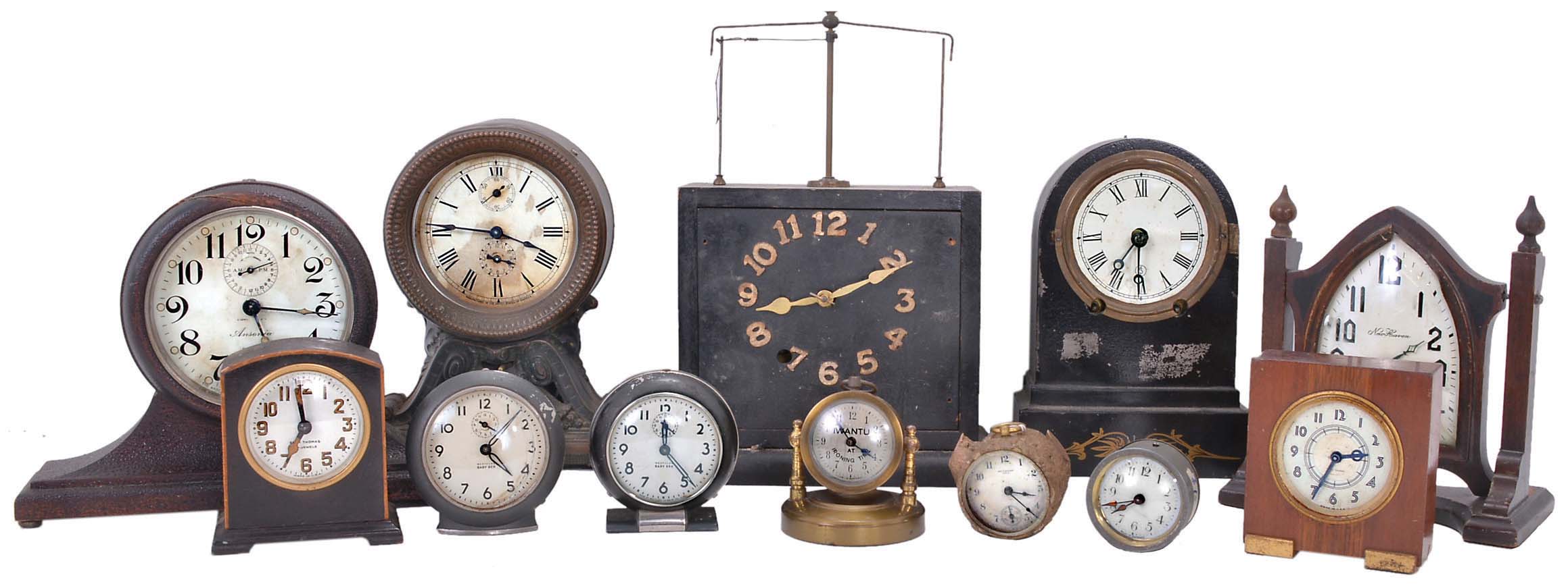 Clocks- 30 (Thirty) Novelty and desk clocks; One barometer. Makers include Seth Thomas, New Haven, Waltham, Burroughs, Lux, Westclox, Oswald rotating eyes dog, Badische Uhrenfabrik Terry Clock Co. and others. Clocks include an unusual flying pendulum timepiece. — Antique Clocks Price Guide