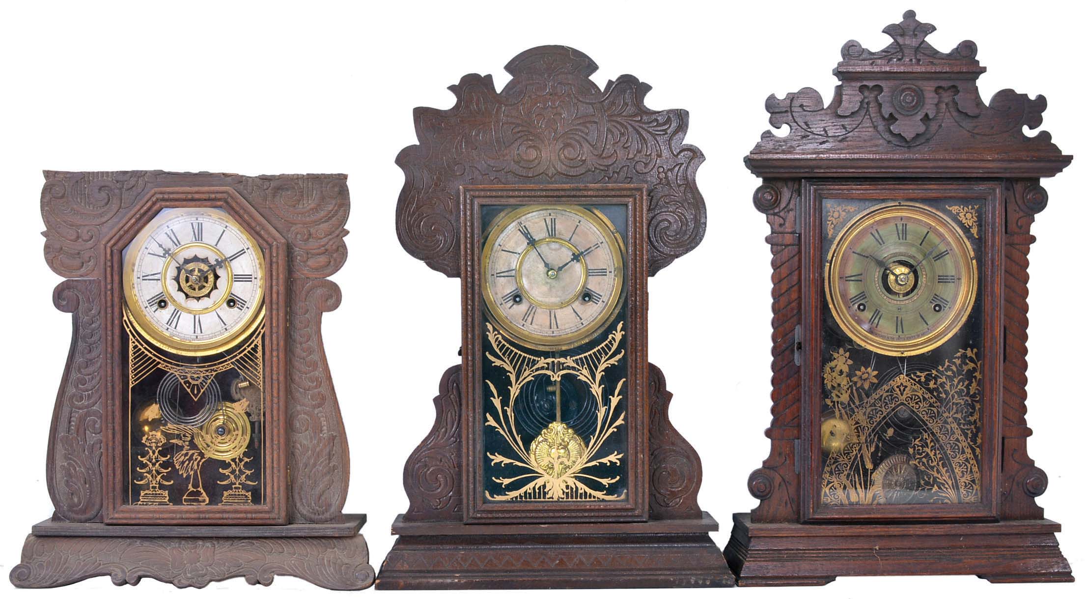 Clocks- 6 (Six) Gingerbread, time and strike, 8 day, spring driven, 3 (Three) with alarm. Makers include Seth Thomas and Waterbury. Also included in this lot are 6 (Six) wall-mounted wood shelves suitable for displaying clocks. — Antique Clocks Price Guide