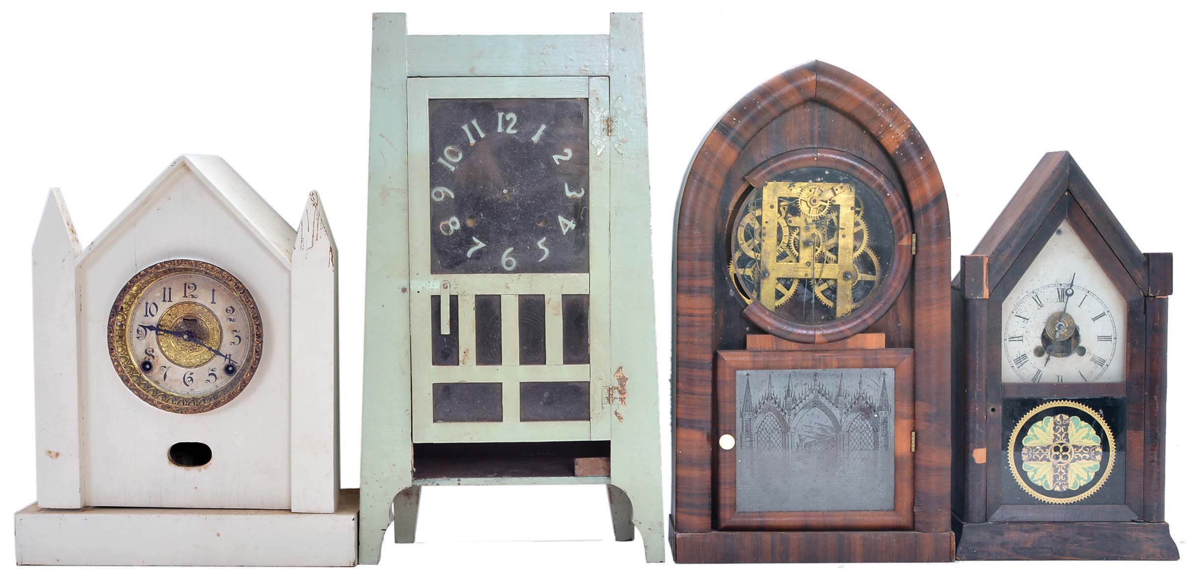 Clocks- 13 (Thirteen) assorted mantel clocks including steeples, cabinet, beehive, by Ansonia, Jerome & Co., Waterbury, Manross, Atkins, Ingraham, Terry & Andrews. Among the clocks is an early iron front, c. 1850, and a "Column" by Seth Thomas. — Antique Clocks Price Guide
