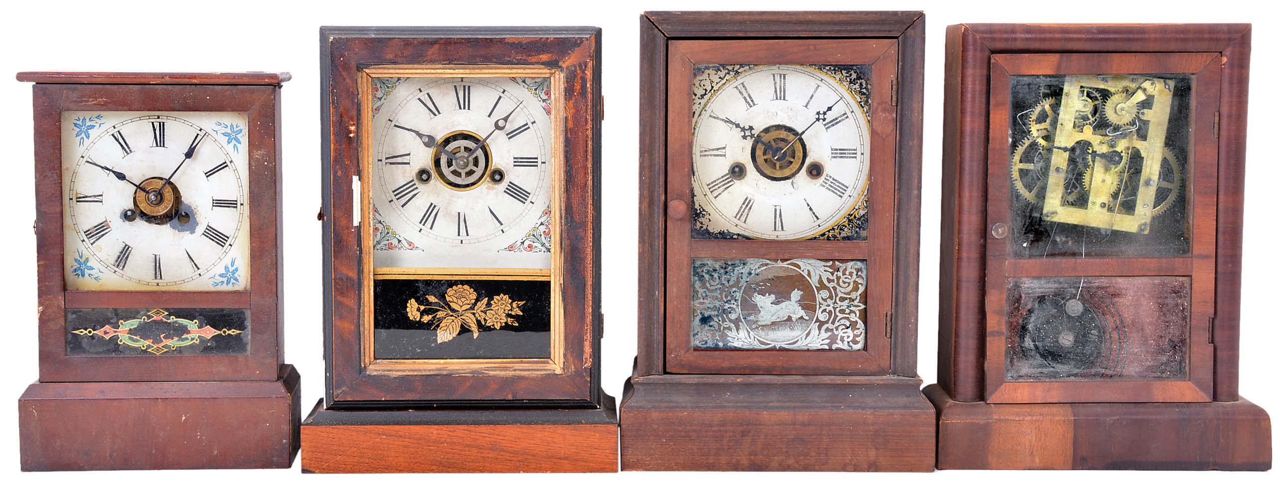 Clocks- 15 (Fifteen) shelf and cottage clocks and one stencil decorated case only. Makers include Ansonia, Ingraham, Gilbert, Terry & Andrews, Atkins, and Seth Thomas. — Antique Clocks Price Guide