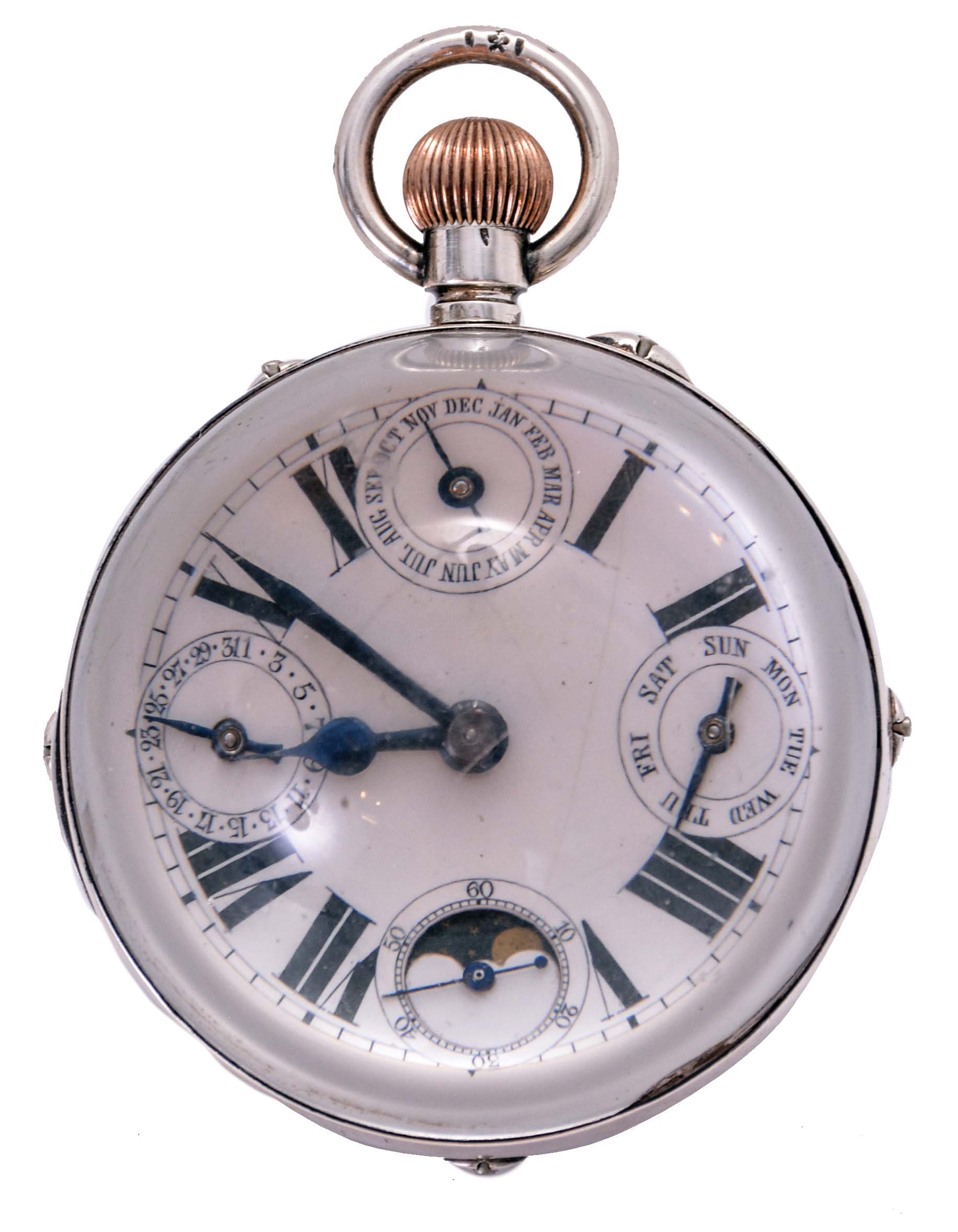 Switzerland, paperweight clock with calendar and phases of the moon, silver case mounted with transparent glass hemispheres, and with correctors for calendar and moon phases in the band, Roman numeral white enamel dial with subsidiary dials for the day, date, month, and seconds, blued steel hands, gilt, 30 hour, 11 jewel pin set movement with lever escapement, marked "Phoenix Indestructible", diameter 67mm — Antique Clocks Price Guide