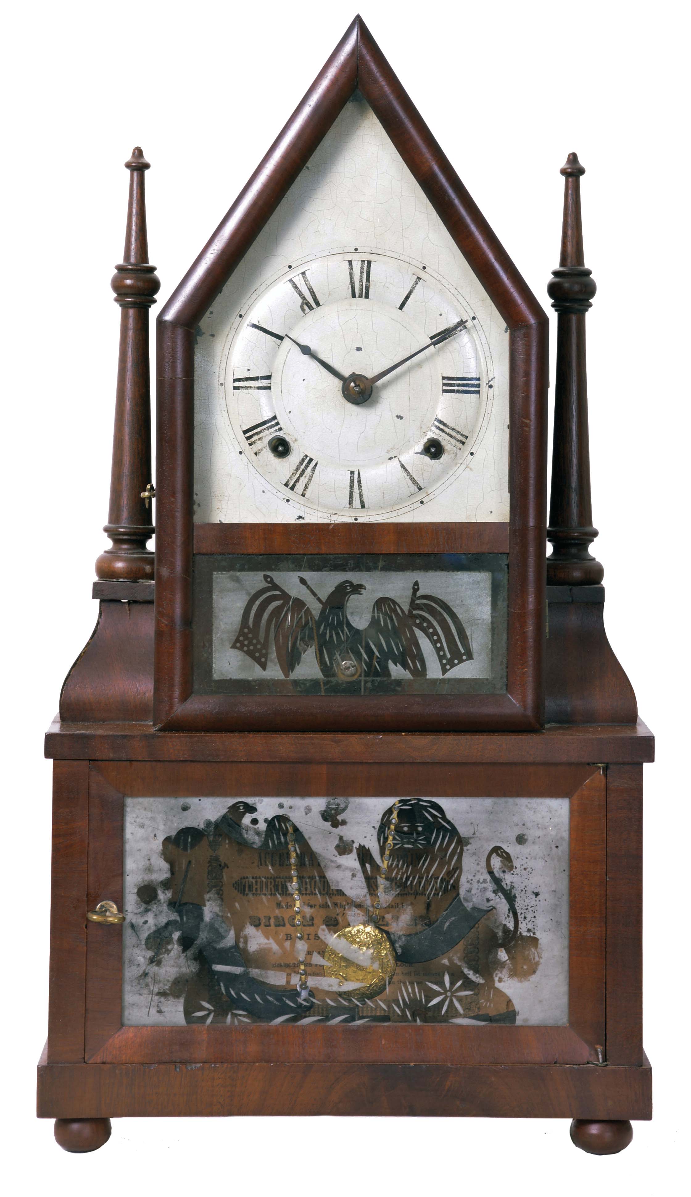 Birge & Fuller, Bristol, Conn. 30 hour, time and strike spring wagon spring miniature steeple on frame with single candle finials. — Antique Clocks Price Guide