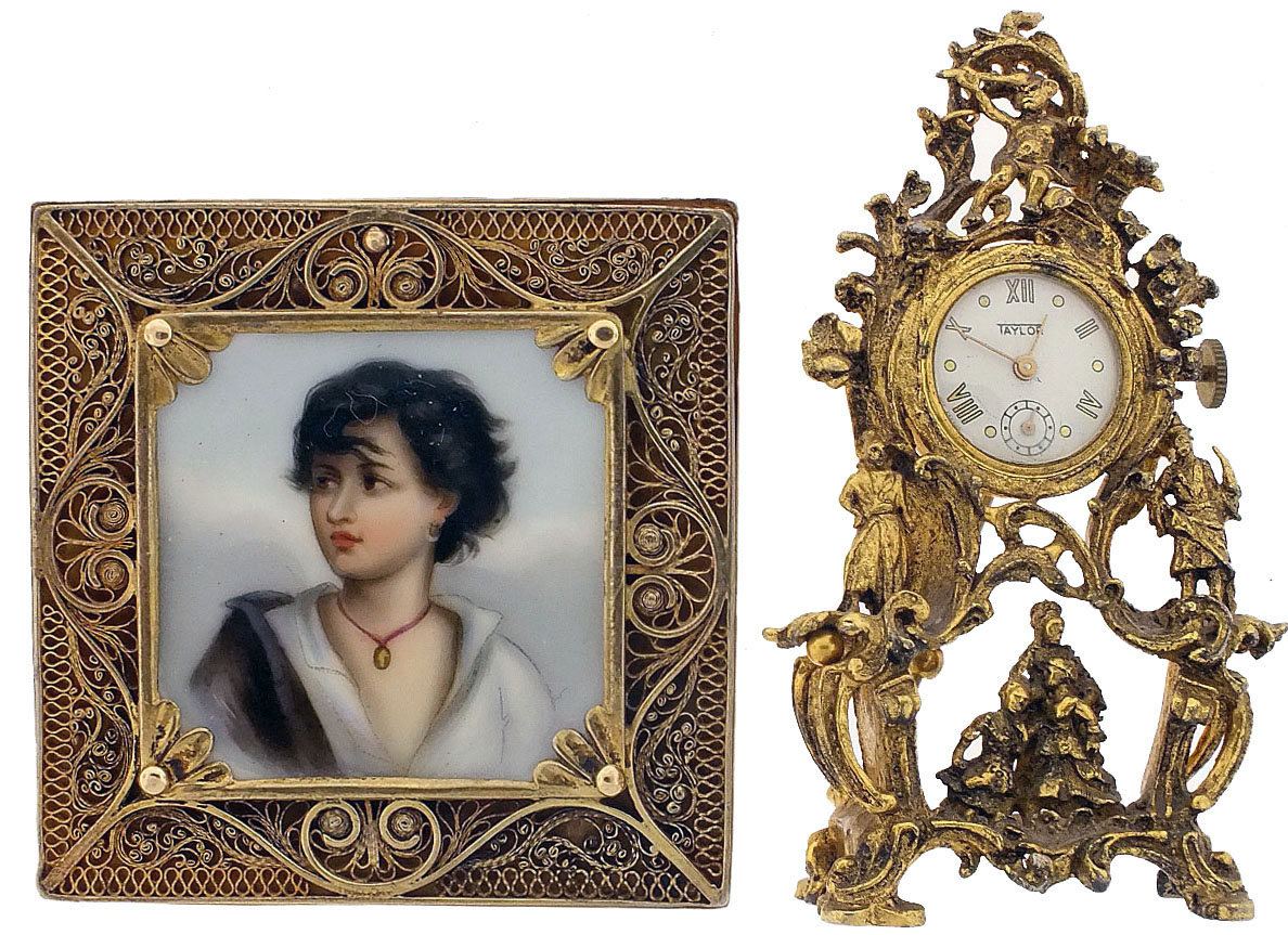 Pearl necklace, double strand, 21", with 14 karat gold clasp, together with a pin/ pendant, silver gilt filigree frame set with a portrait on porcelain by G.T.E. Richter, and a watch brooch, in the rococo style, pin/ pendant dimensions listed — Antique Clocks Price Guide