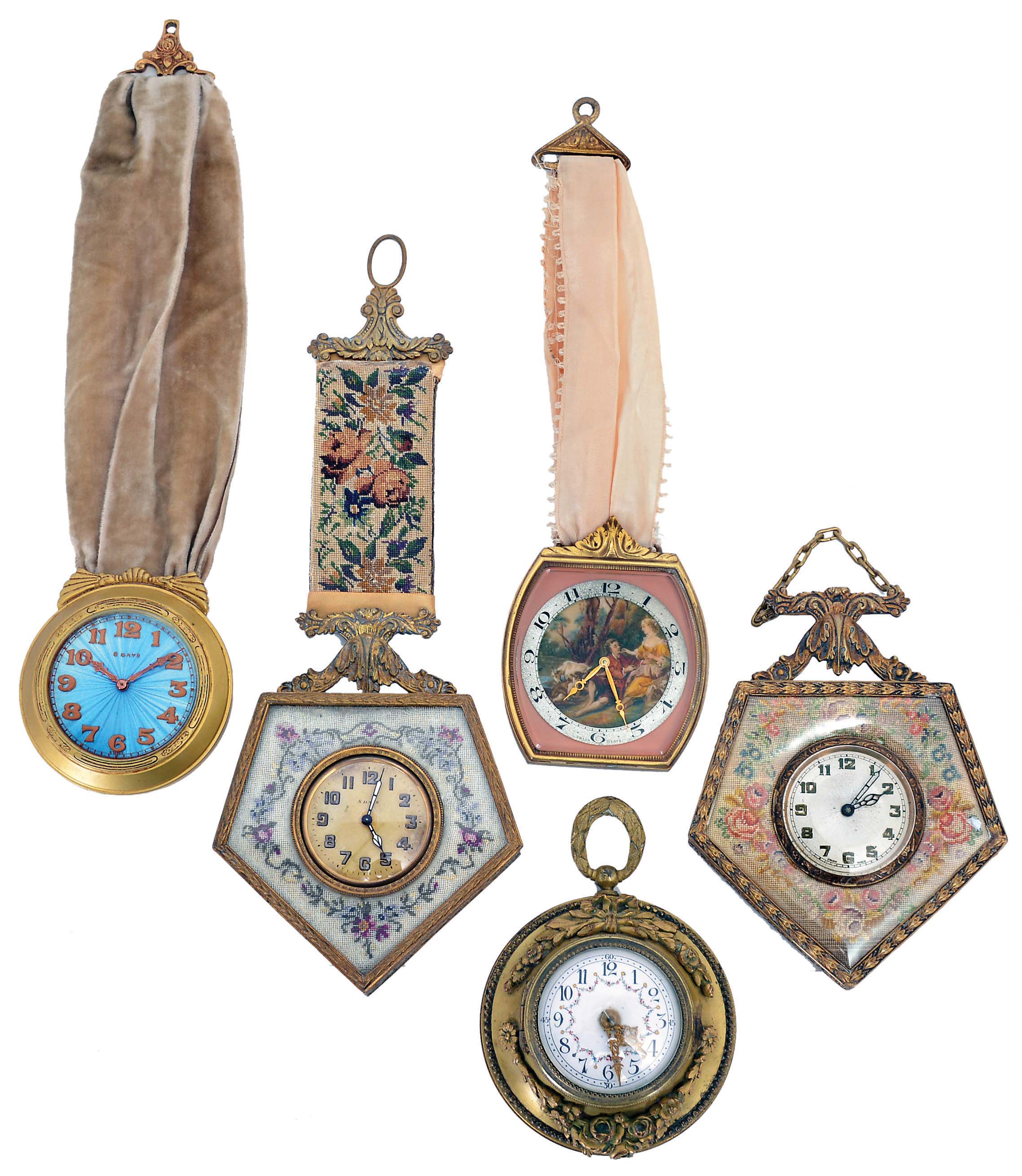 Clocks- 5 (Five): All hanging, four 8 day chatelaine style with decorative dials and hangers, the other with gilt brass case, white enamel dial, and 8 day timepiece movement with cylinder platform — Antique Clocks Price Guide