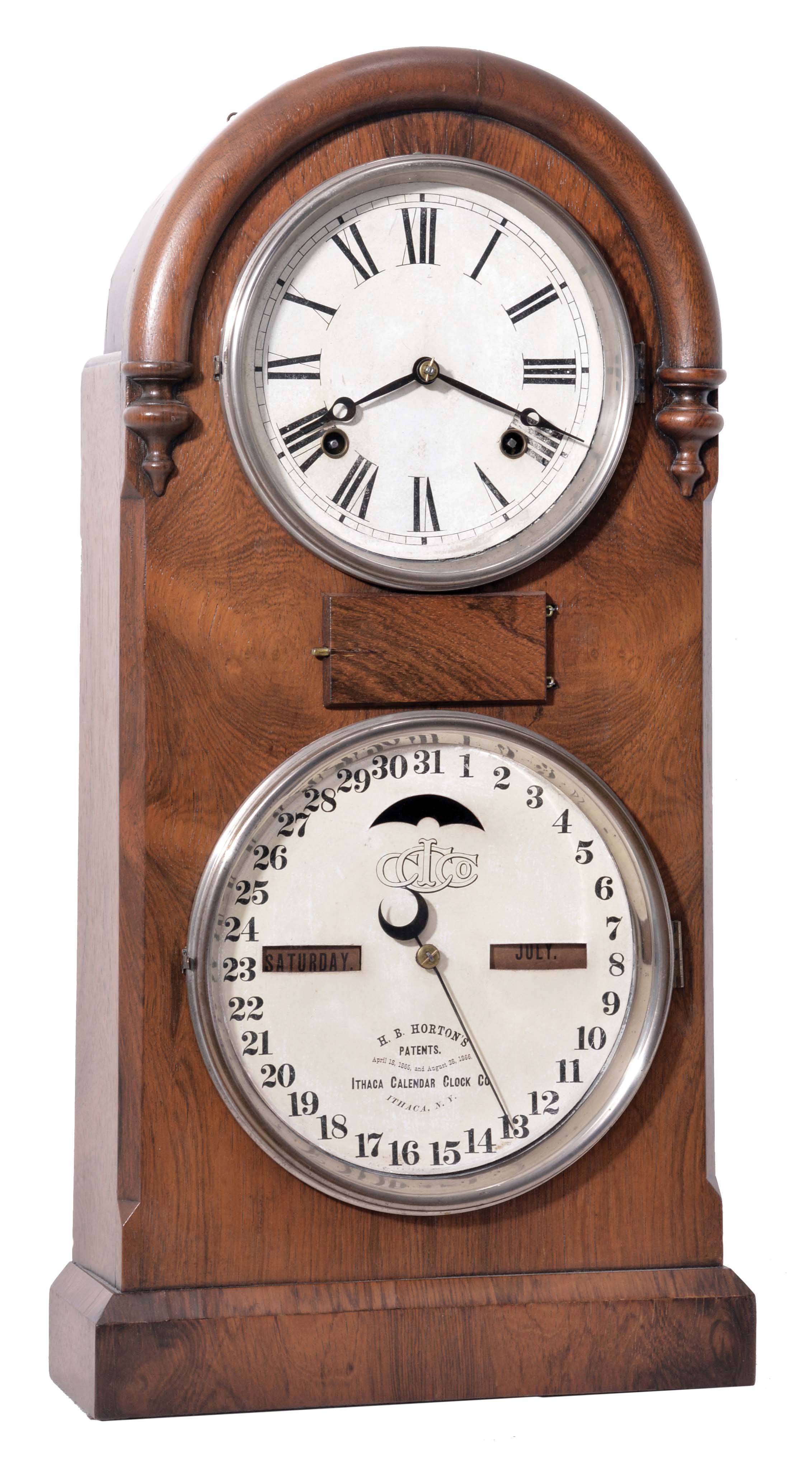 Ithaca Calendar Clock Co., Ithaca, NY, "Round Top No. 5" shelf clock with a spring driven, 8 day, time and strike movement with H. B. Horton's patent calendar mechanism in a polished rosewood veneered case. — Antique Clocks Price Guide