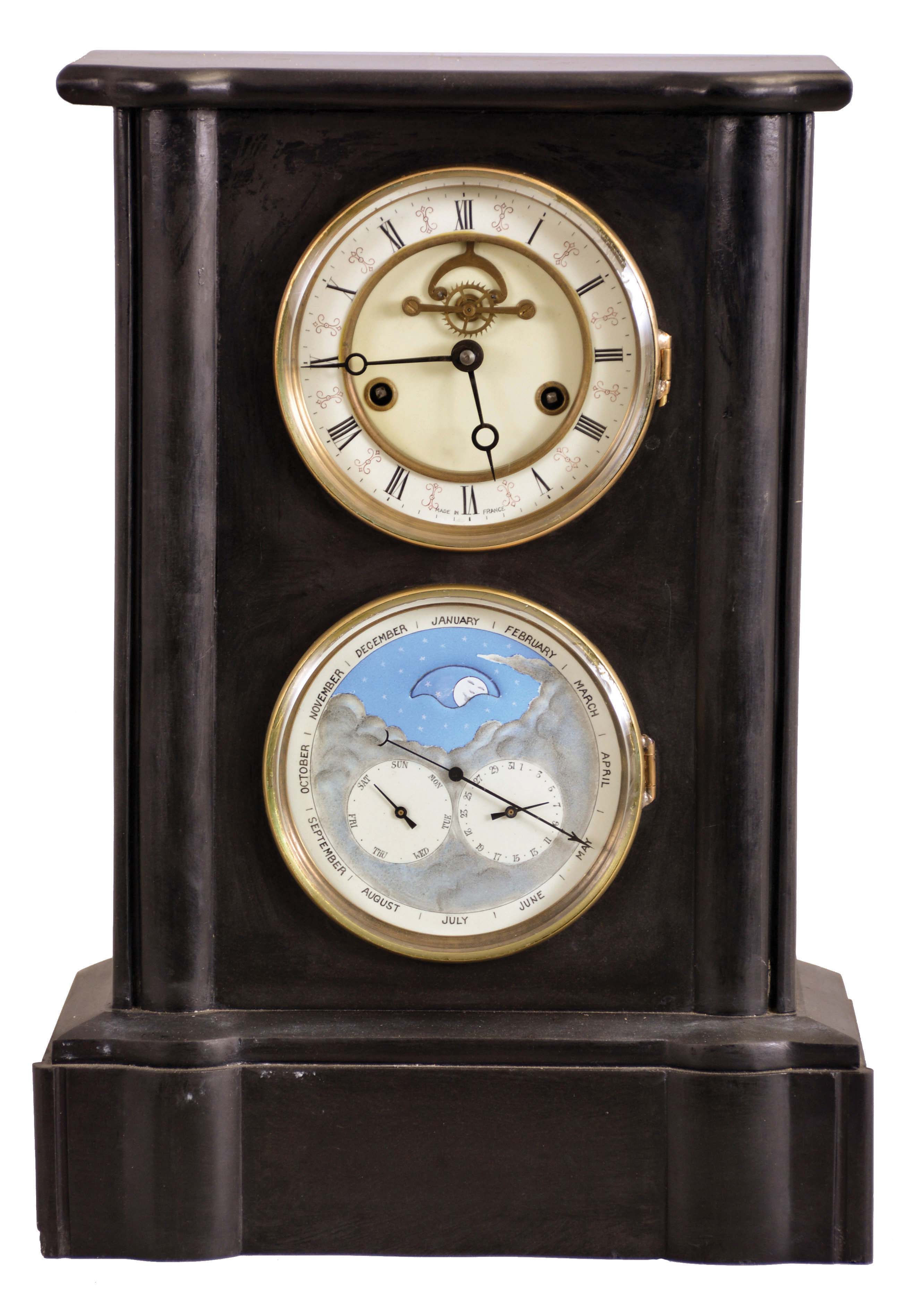 Chinese, reproduction "Double Dial Calendar" mantel clock, copy of French style wtih visible escapement on the dial, and with a rotating halifax style moon in the center of the calendar, showing its phases. — Antique Clocks Price Guide