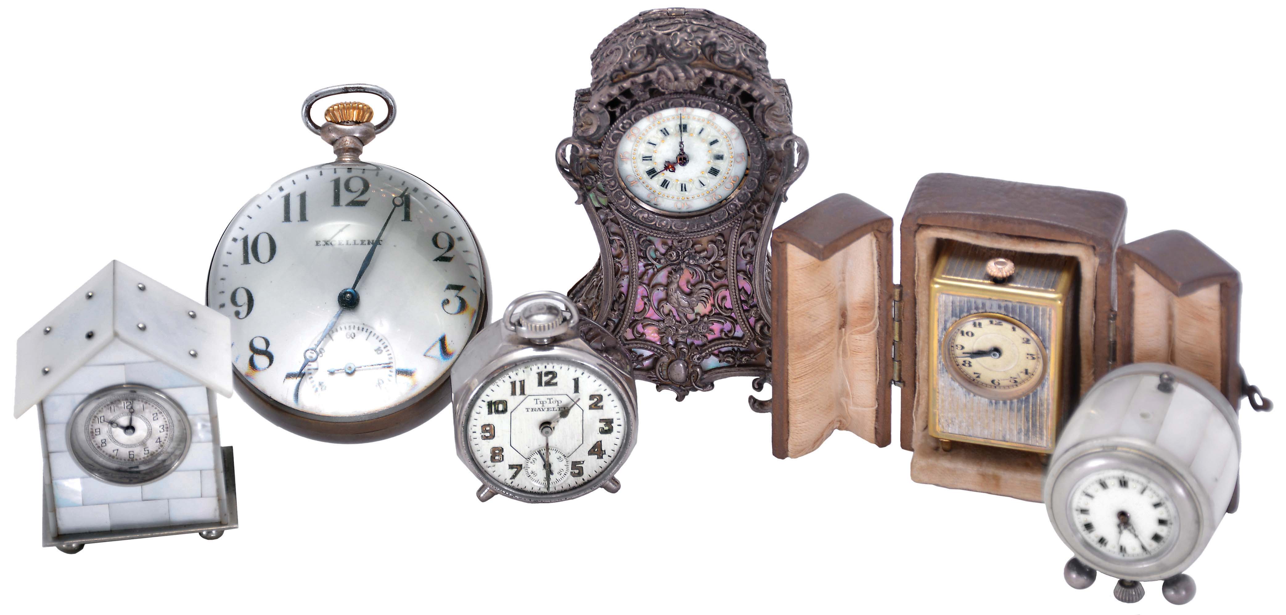 Clocks- 6 (Six): including a miniature carriage clock with outer case, a "Tip Top Traveler", two mother of pearl clad miniatures, one barrel form, a silver repousse miniature in the rococo style, and a Waltham paperweight clock — Antique Clocks Price Guide