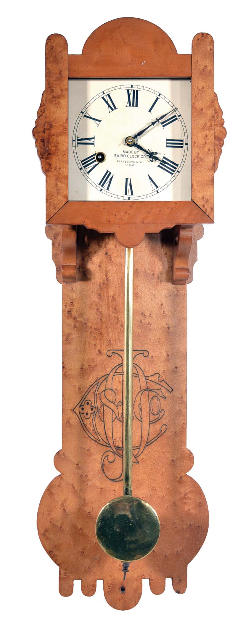 Clocks- 3 (Three) spring driven wall: (1) E. Ingraham "Crown Drop" premium model hanging gingerbread made for W. A. Edwards Co., time, strike and alarm; (2) Waterbury hanging gingerbread, time and strike; (3) Handing clock with bird's eye maple case and Baird movement — Antique Clocks Price Guide