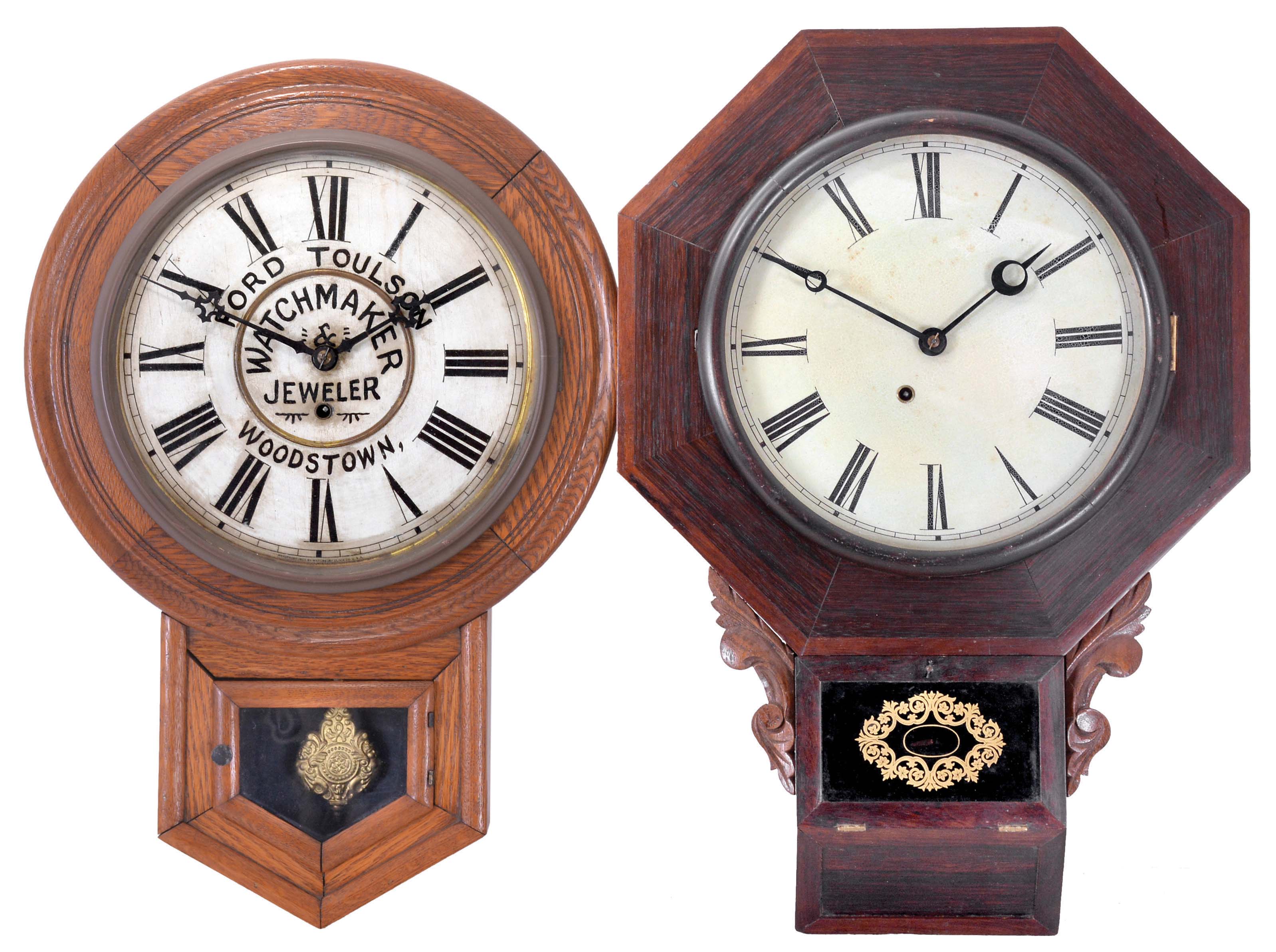 Clocks- 2 (Two): (1) Atkins Clock Co., Bristol, Conn., "Drop Octagon" wall clock with an 8 day spring driven time only movement in a rosewood veneered case, c1865; (2) Waterbury Clock Co., Waterbury, Conn., "Round Head Drop" wall clock with an 8 day spring driven time only movement in an oak case, c1912. — Antique Clocks Price Guide