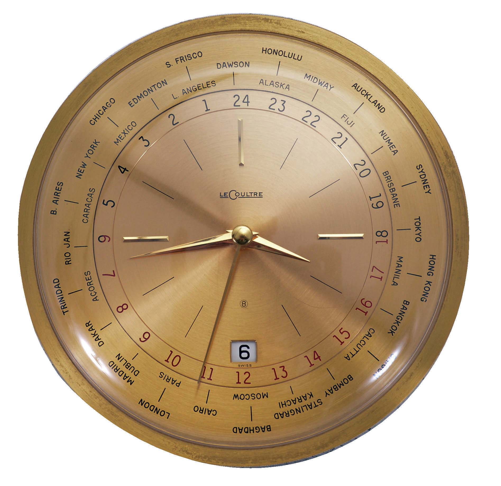 Le Coultre & Co., Switzerland, model 482 "World Time" desk clock, gilt case with convex glass, gilt dial with 34 cities around perimeter, and also with date display at 6:00, 8 day timepiece movement — Antique Clocks Price Guide