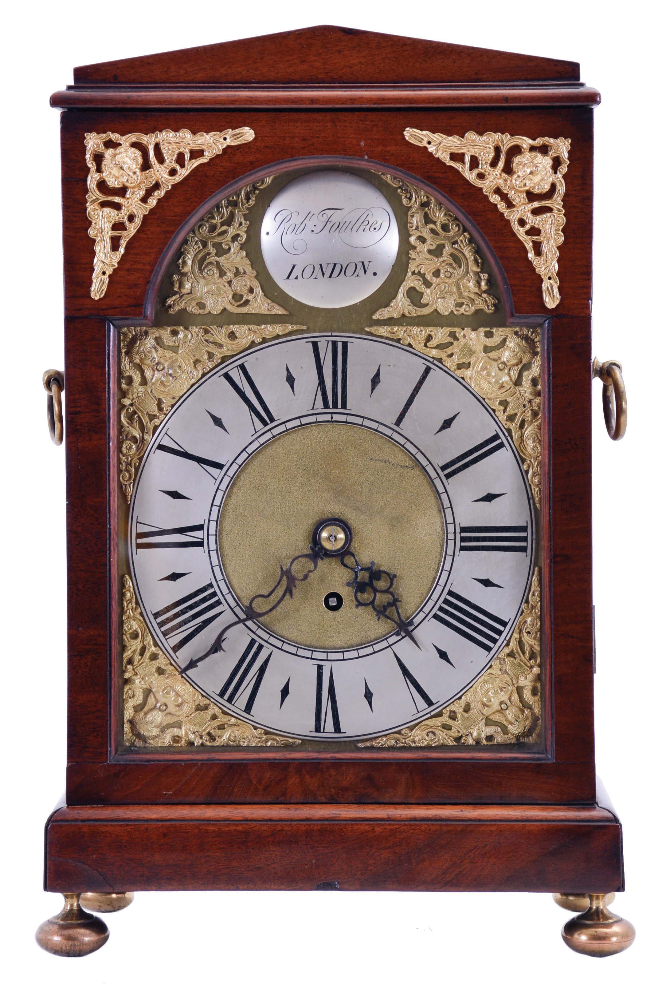 Robert Foulkes, London, (signed on dial) mahogany bracket clock, case with brass feet and mounts, composite brass dial, blued steel hands, 8 day fusee timepiece movement — Antique Clocks Price Guide