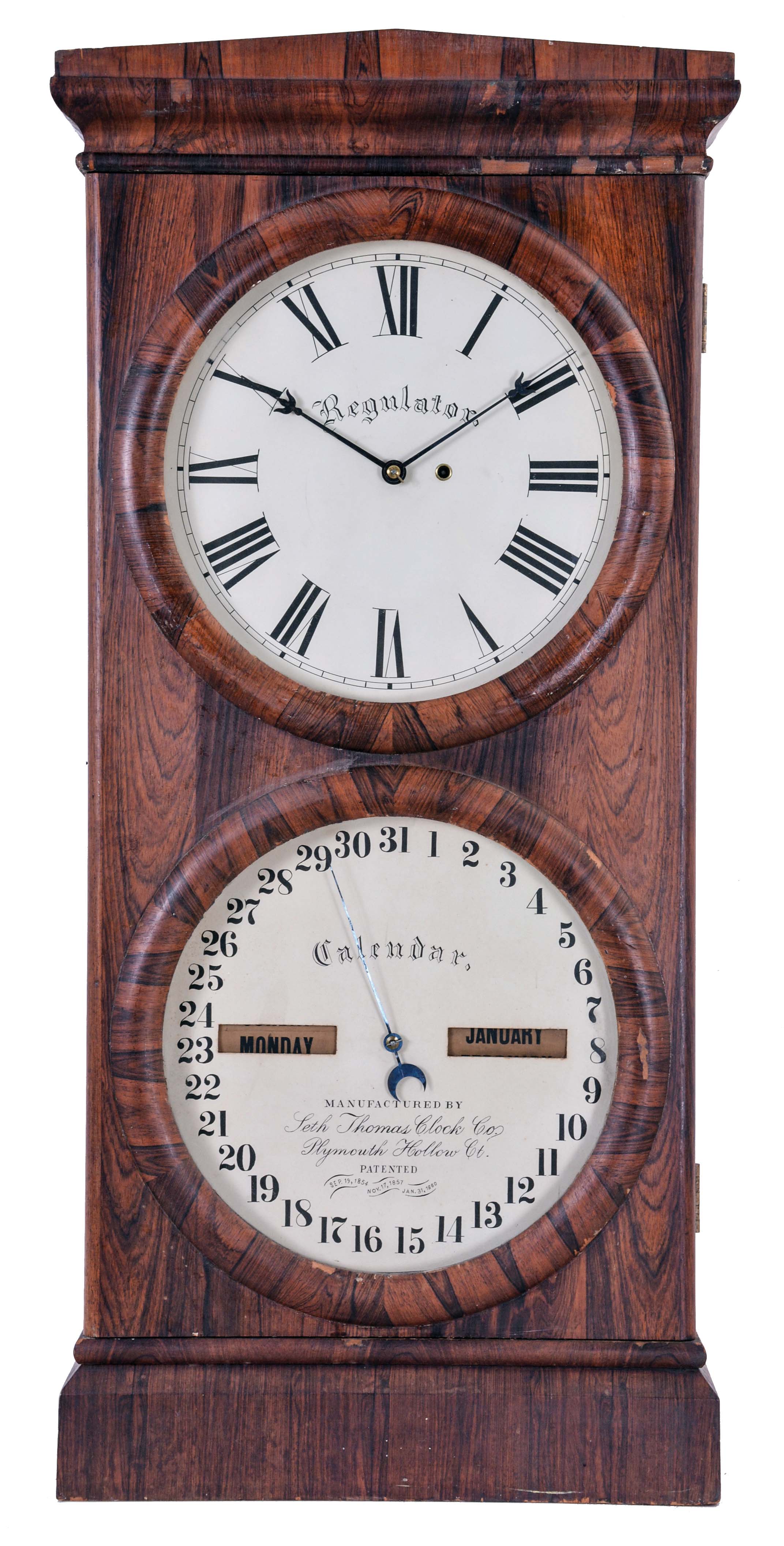 Seth Thomas Clock Co., Plymouth Hollow, Conn. "Office Calendar No. 2" shelf clock with a weight driven 8 day, timepiece movement and a Mix Brothers patented perpetual calendar mechanism in a rosewood case. — Antique Clocks Price Guide