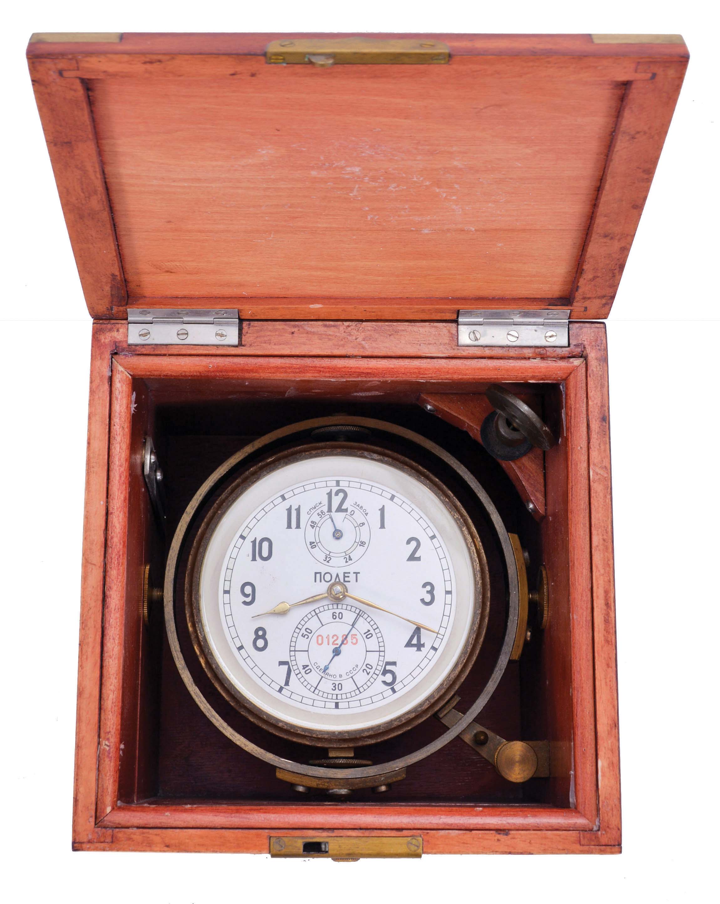 Poljot (Russian) marine chronometer in box with brass corner hardware, two day fusee movement with spring detent escapement, serial 01285 — Antique Clocks Price Guide