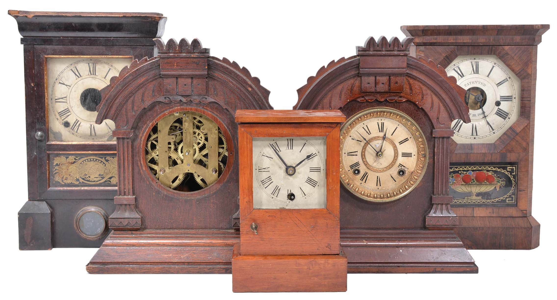 Clocks- 4 (Four) American shelf and a case only: (1) cottage clock, 30 hour; (2) Seth Thomas 30 hour time and strike; (3) &; (4) Ansonia 8 day, time and strike, cabinet clocks; (5) Seth Thomas case only with dial — Antique Clocks Price Guide