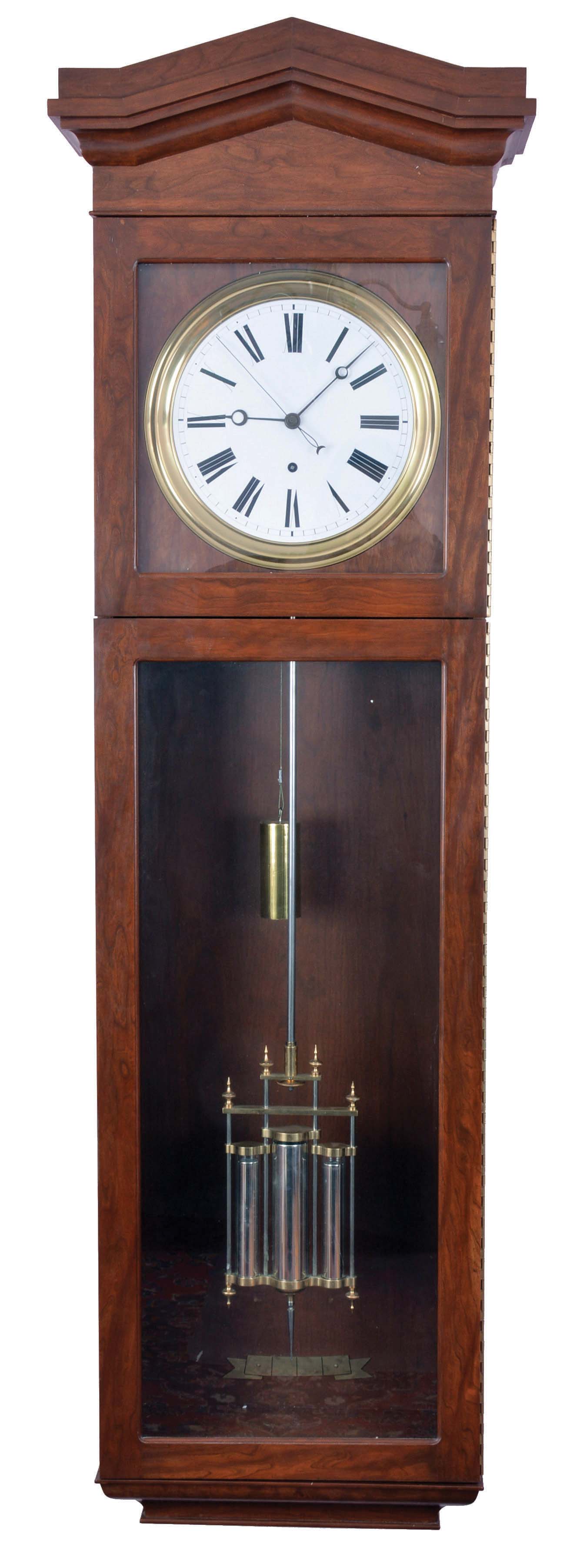 Jeweler's regulator wall clock, 8 day, time only, brass weight driven Swiss pinwheel movement with three jar pendulum in a modern burl cherry case with white enamel dial, movement circa 1880 and case 20th century — Antique Clocks Price Guide