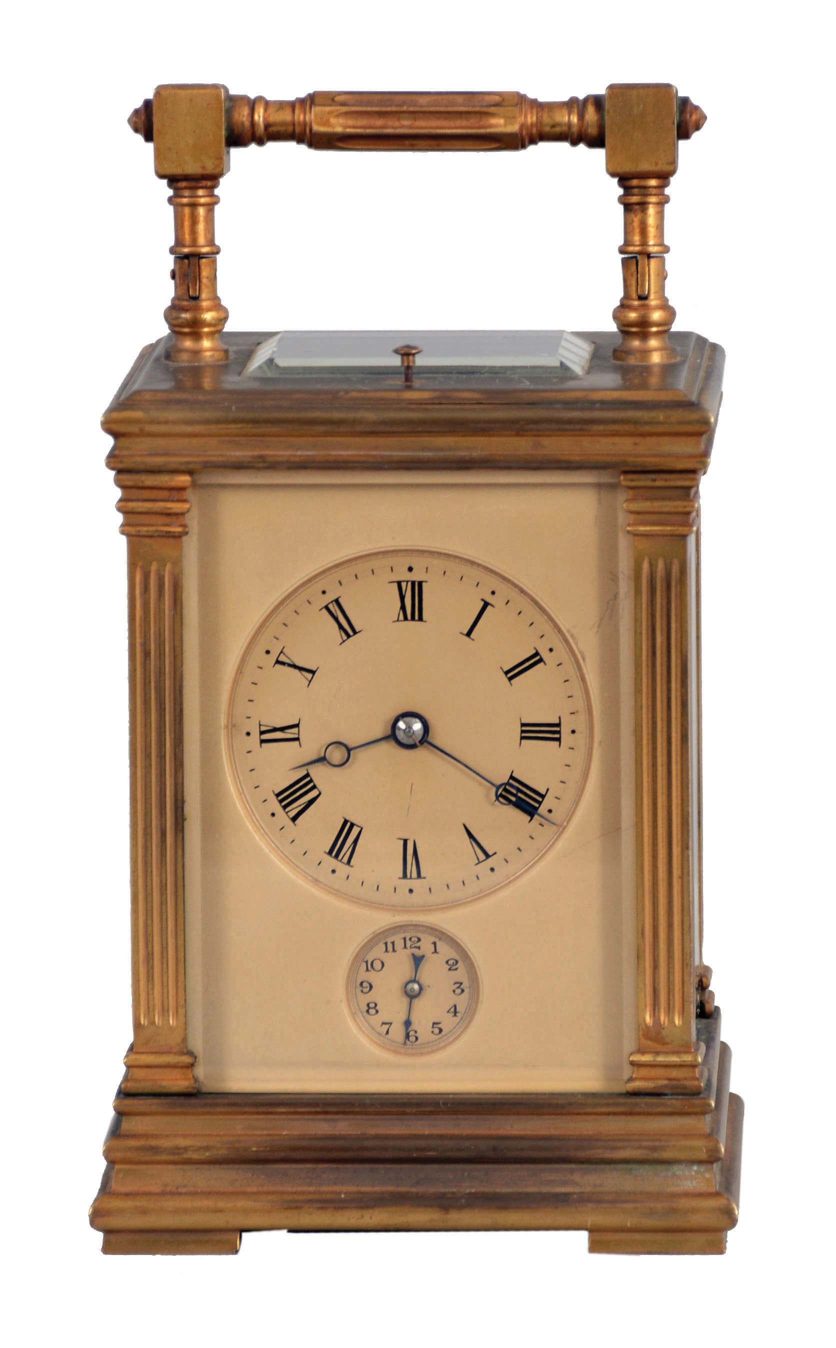 Margaine, Paris, for the English market, hour repeating carriage clock with alarm, the glazed, gilt case with torus molded base and cornice, the corners with fluted pilasters, and top with folding carrying handle, matte, gilt Roman numeral dial with subsidiary alarm chapter, blued steel Breguet style hands, 8 day movement with lever platform, sounding ting tang hours and half hours in passing, and repeating the last hour on demand, back plate with Margaine's mark — Antique Clocks Price Guide