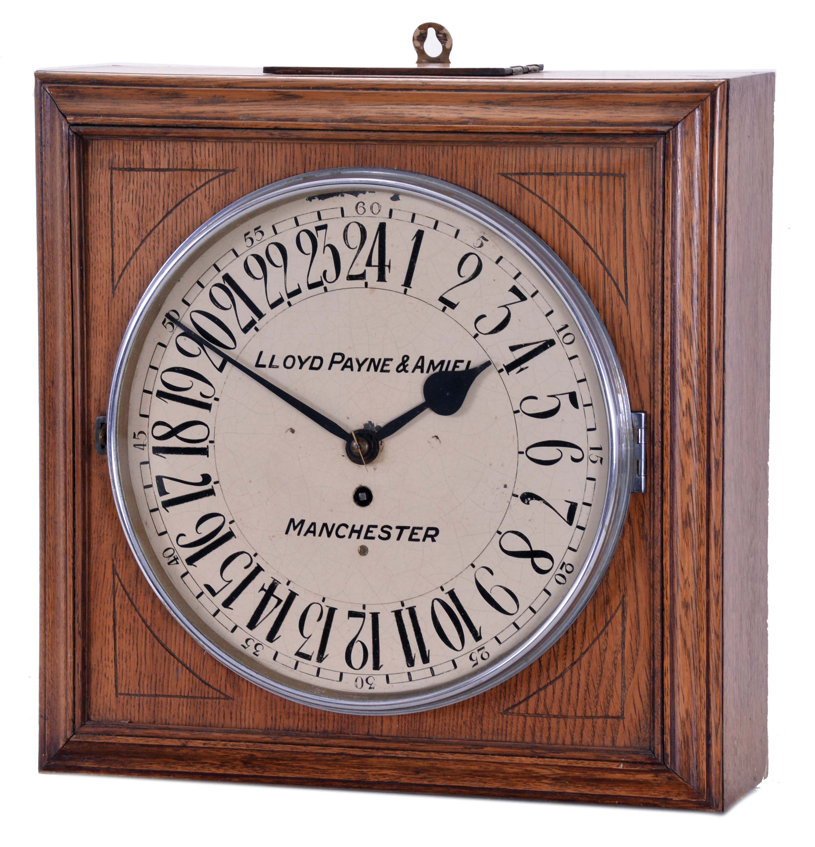 English, 8 day, spring driven, fusee movement wall timepiece with a 24-hour dial with the name "Lloyd Payne & Amiel, Manchester" on the dial. — Antique Clocks Price Guide
