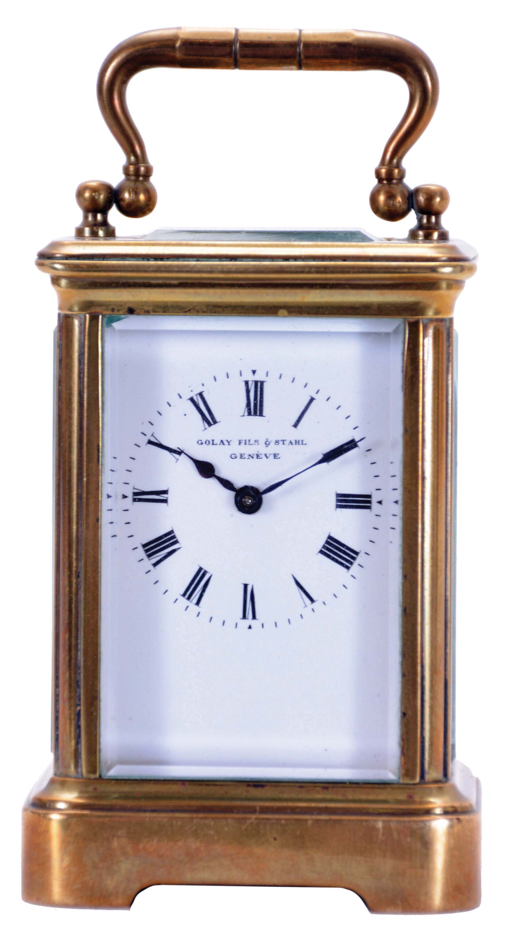 Golay, Fils & Stahl, Geneve, Mignonette No. 1 carriage clock, brass Corniche case set with beveled glasses, Roman numeral white enamel dial, blued steel hands, 8 day timepiece movement with lever platform — Antique Clocks Price Guide