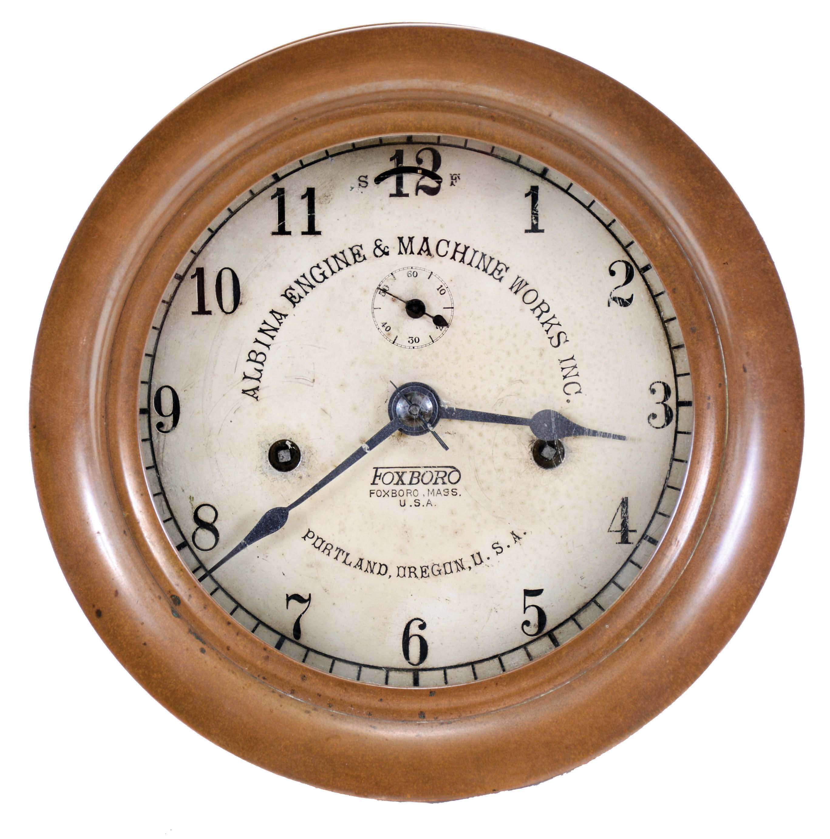 Seth Thomas Clock Co., Thomaston, Conn., 8 day, double wind spring driven, lever movement Ward room or engine room clock. The case and dial may have been made by the Foxboro Company with a movement supplied by Seth Thomas. They were a manufacturer of industrial control instruments. — Antique Clocks Price Guide