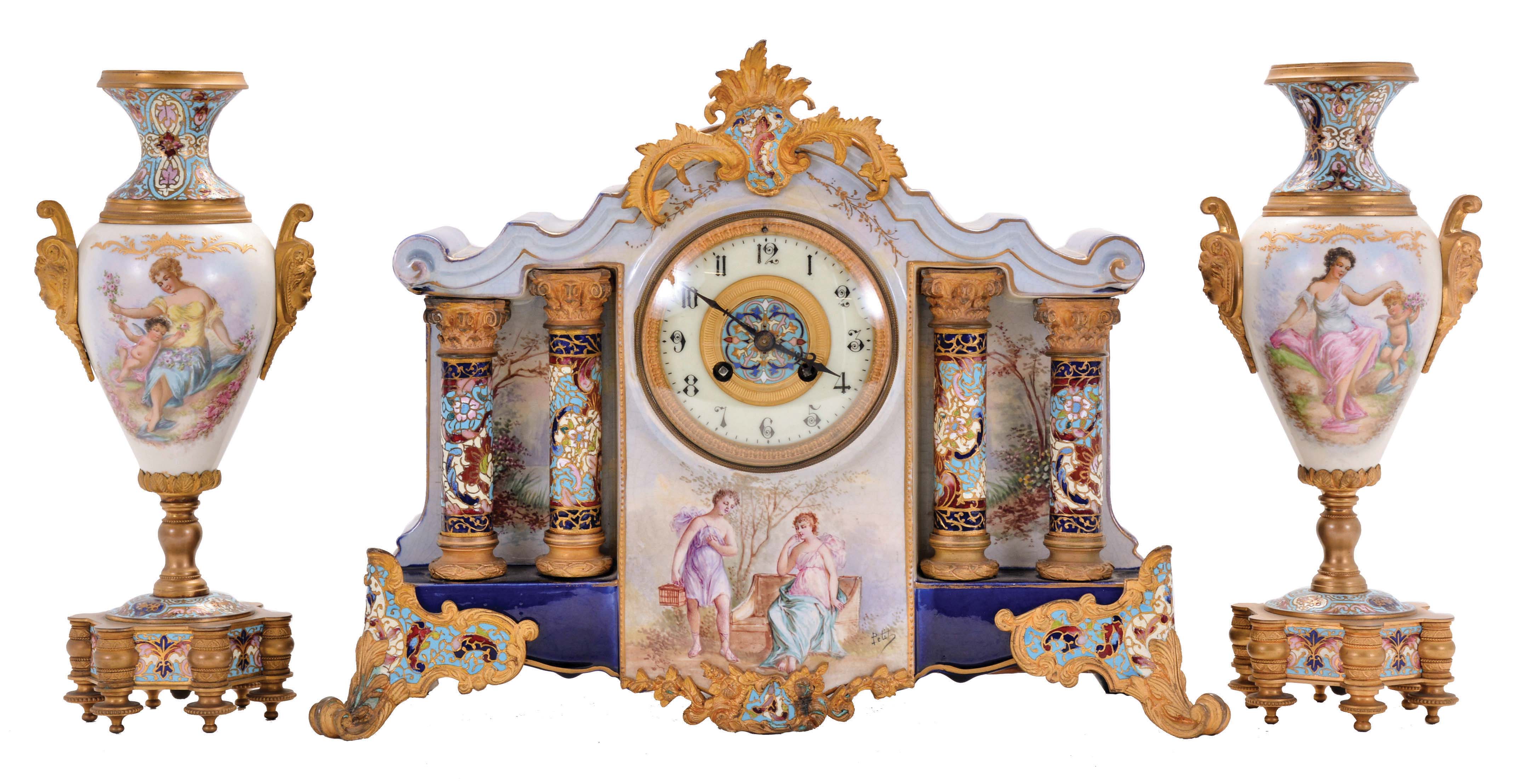 French, Marti & Cie, 8 day, time and strike spring driven brass movement Garniture set. — Antique Clocks Price Guide