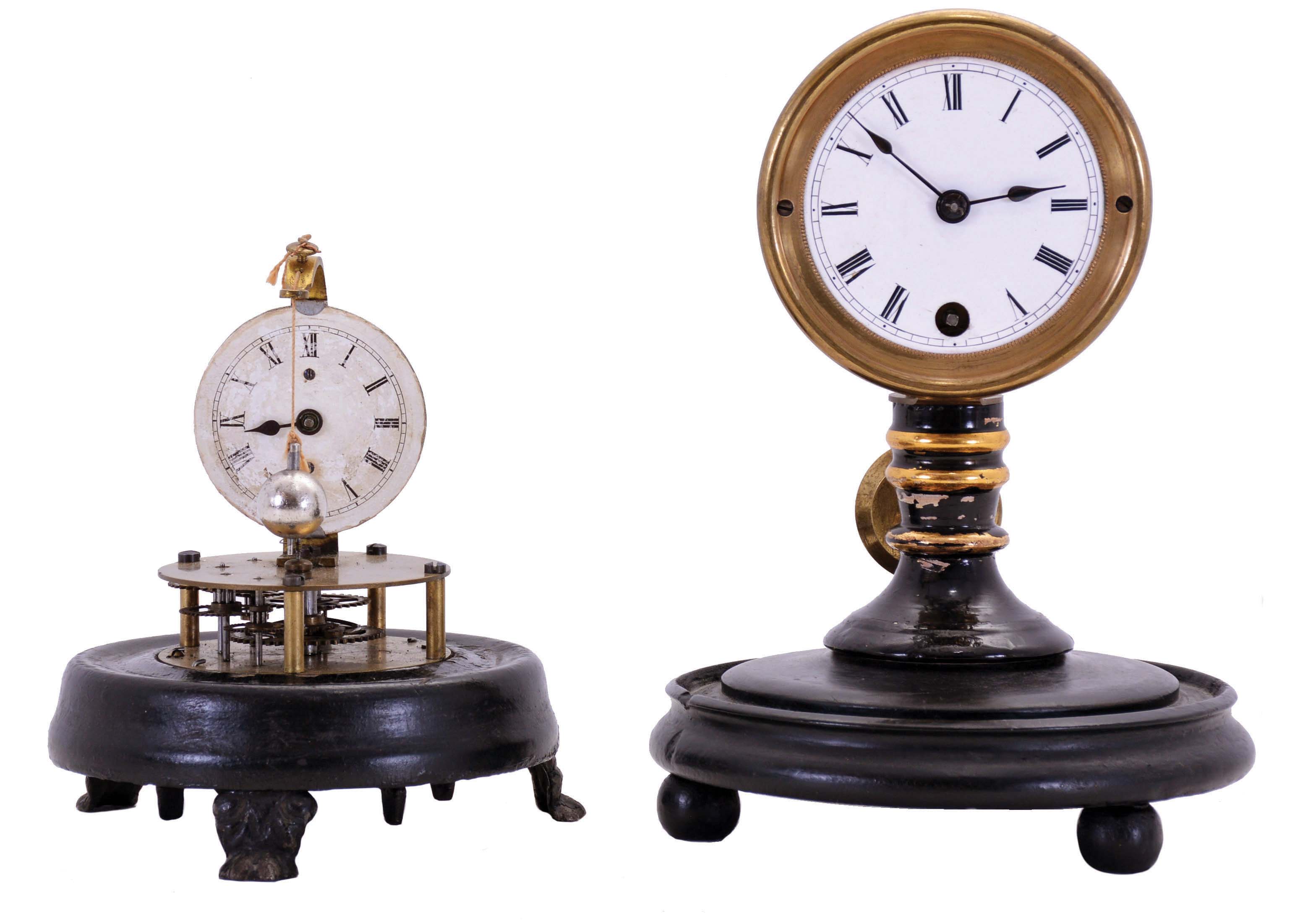 Clocks- 2 (Two): (1) E. N. Welch Mfg. Co., Briggs Rotary Model No. 3, 30 hour, spring driven movement rotary pendulum novelty timepiece; (2) Seth Thomas' Sons, New York, New York, 14 day, spring driven movement candlestick timepiece. — Antique Clocks Price Guide