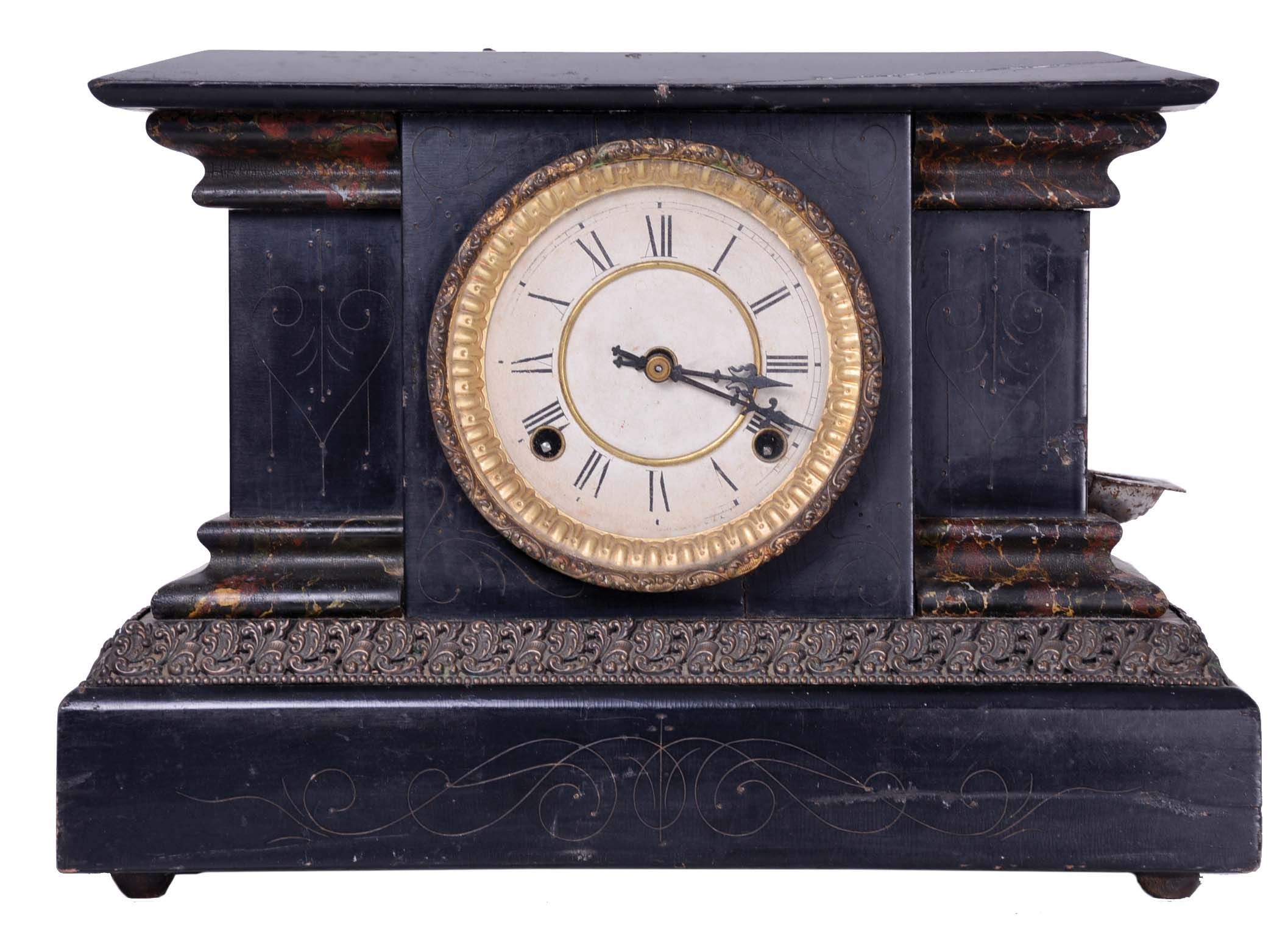Waterbury Clock Co., Waterbury, Conn., "Dakota", 8 day, time and strike spring driven, lever movement black mantel clock. These clocks were bought by The Loheide Mfg. Co. and modified and sold as a "Trade Stimulator", - a gambling clock. — Antique Clocks Price Guide