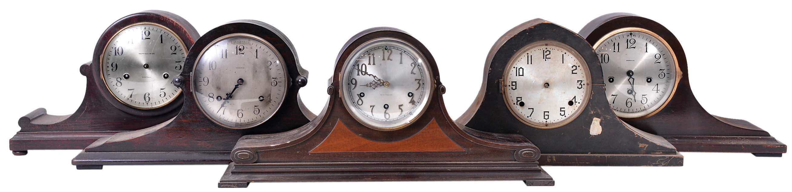 Clocks- 21 (Twenty-One) tambour and round-top mantel clocks and one (1) tambour case: clocks include time and strike as well as five; (5) chime clocks. Makers include Ansonia, Seth Thomas, Ingraham, Gilbert, etc. — Antique Clocks Price Guide