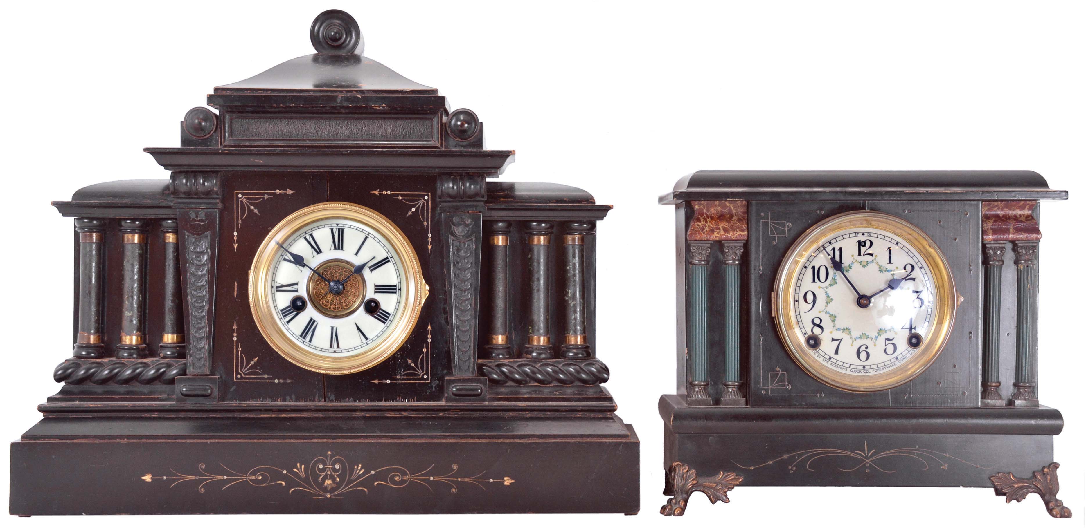 Clocks- 7 (Seven) mantel: 5 (Five) wood case tambour clocks, 8 day spring driven movement, time and strike with one 3-train chiming; 2 (Two) black mantel clocks, 8 day spring driven movement time and strike, one American and one German. Makers include Seth Thomas, New Haven, Sessions, Gilbert, and Hamburg American Clock Co. — Antique Clocks Price Guide