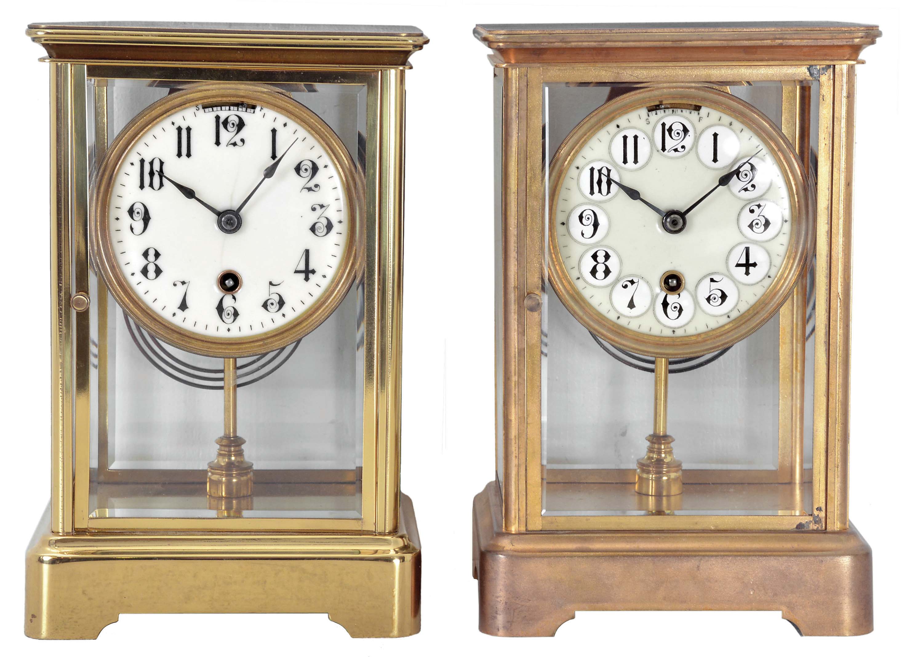 Clocks- 2 (Two) Boston Clock Co., Boston, Mass. Crystal Regulators: (1) 8 day spring driven movement with single arbor winding time and strike brass lever movement, c1900; (2) 8 day spring driven movement with single arbor winding time and strike brass lever movement, c1900. — Antique Clocks Price Guide