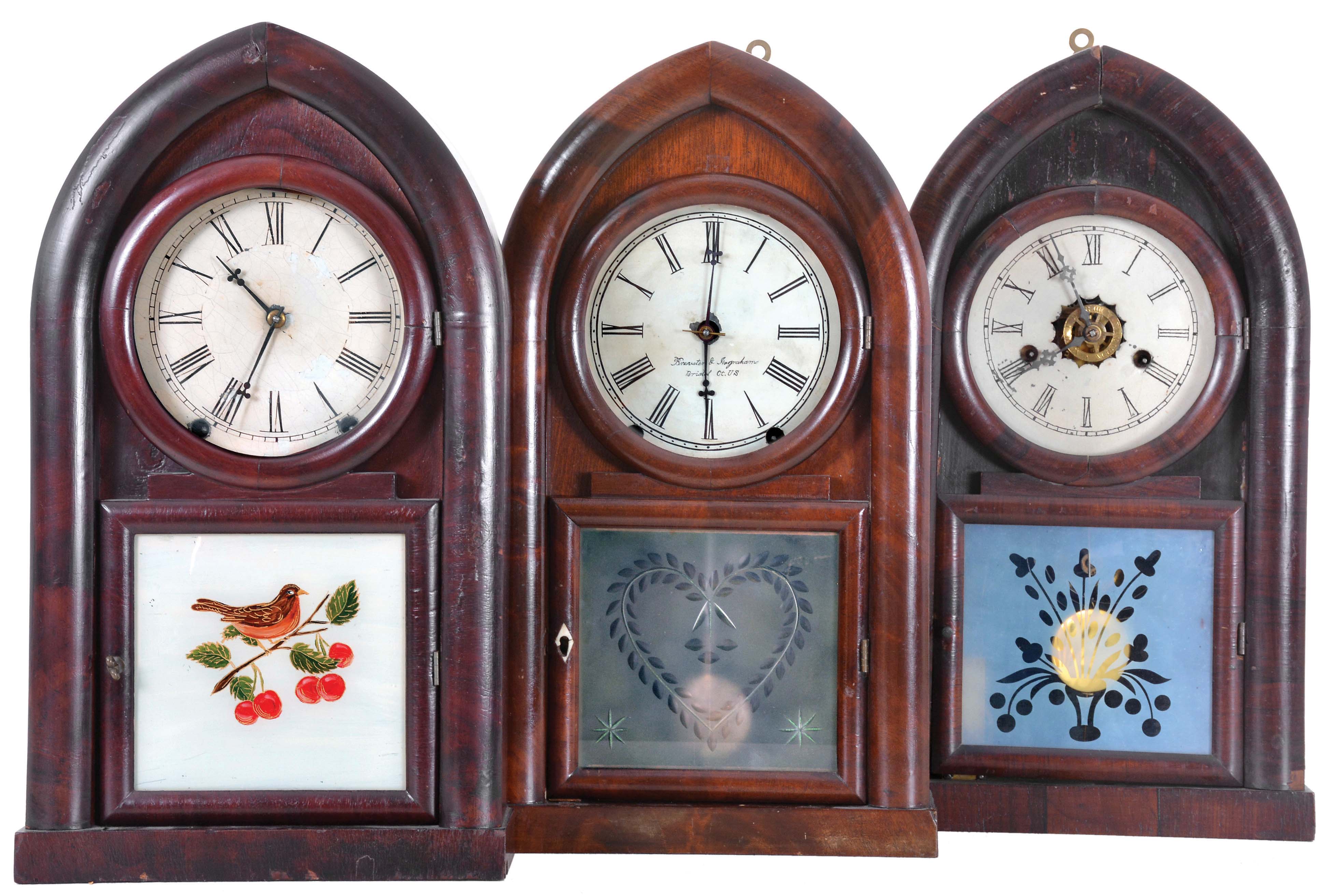 Clocks- 3 (Three): (1) E. N. Welch, Forestville, Conn., Beehive style shelf clock with a spring driven 30 hour time and strike movement in a rosewood veneered case., c1860; (2) Brewster & Ingrahams, Bristol, Conn., Beehive style shelf clock with a spring driven, 8 day, time and strike movement in a mahogany veneered case., c1850; (3) William L. Gilbert & Co., Winchester, Conn., Beehive style shelf clock with a spring driven, 8 day, time and strike movement in a mahogany veneered case, c1855, — Antique Clocks Price Guide