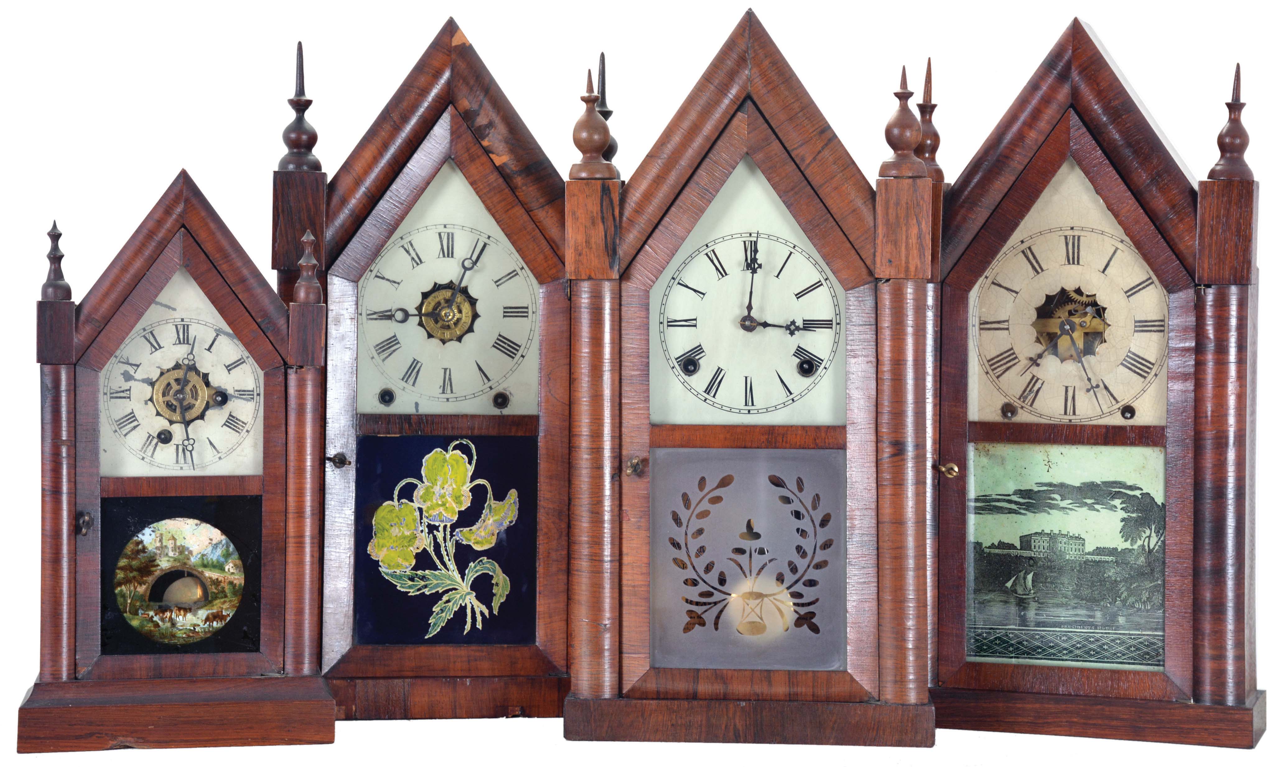 Clocks- 4 (Four): (1) American, Unknow, 30 hour, time and alarm spring driven movement miniature sharp gothic or steeple clock, c1870; (2) New Haven Clock Co., New Haven, Conn., 8 day, time, strike and alarm spring driven movement sharp gothic or steeple clock, c1870; (3) Waterbury Clock Co., Waterbury, Conn., 8 day, time and strike spring driven movement sharp gothic or steeple clock, c1870; (4) Wm. L. Gilbert & Co., Winsted, Conn., 8 day, time and strike spring driven movement sharp gothic or steeple clock, c1860. — Antique Clocks Price Guide