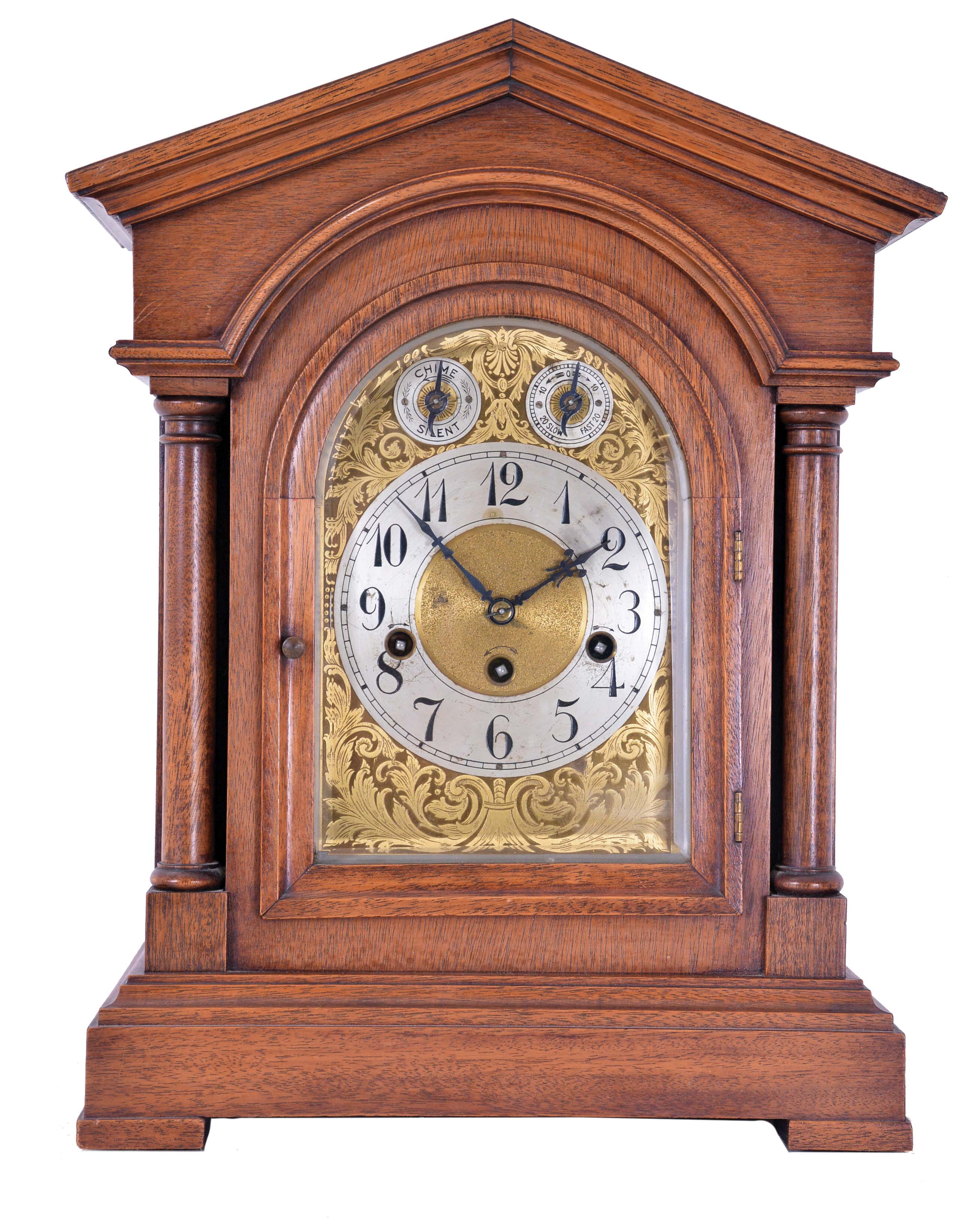 Junghans, Germany, 8 day spring driven movement, three train Westminster chime bracket clock with A13 movement in an architectural style mahogany case. The clock chimes the quarters on 4 rods. The hour is struck on a fifth deeper toned rod, c1900. — Antique Clocks Price Guide