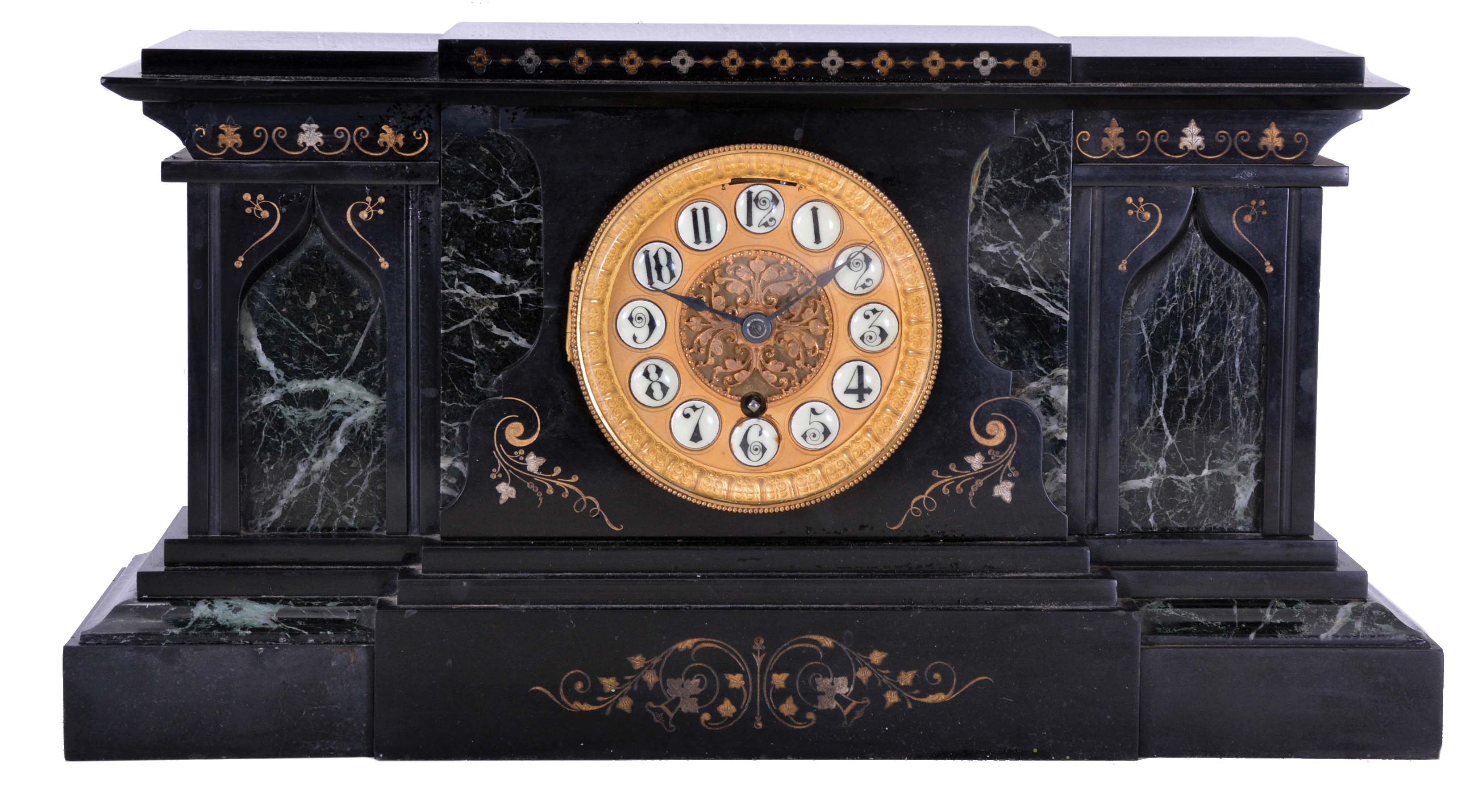 Boston Clock Co., Boston Mass., black mantel clock, 8 day, time and strike with single arbor tandem wind in a black slate case with green marble accents and fancy dial with raised cartouche numerals, c1895. — Antique Clocks Price Guide