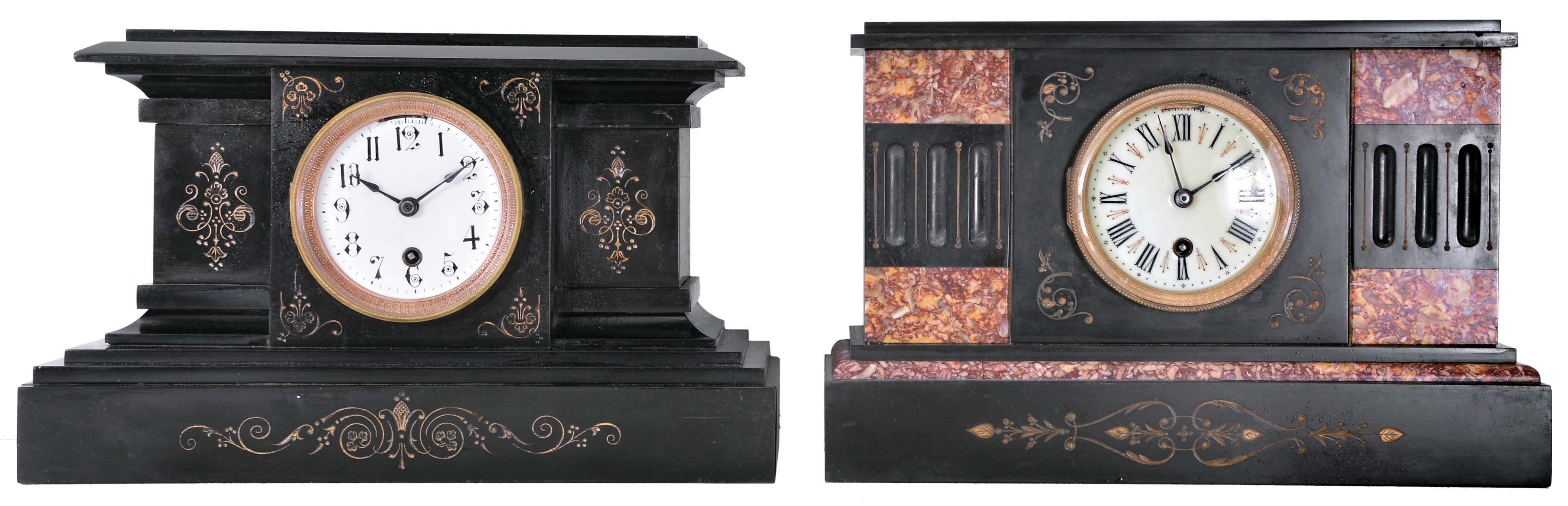 Clocks- 2 (Two) Boston Clock Co. Black Mantel: (1) 8 day spring driven movement with single arbor winding time and strike brass lever movement in black slate case with red marble accents, c1890; (2) 8 day spring driven movement with single arbor winding time and strike brass lever movement in black slate case, c1890. — Antique Clocks Price Guide