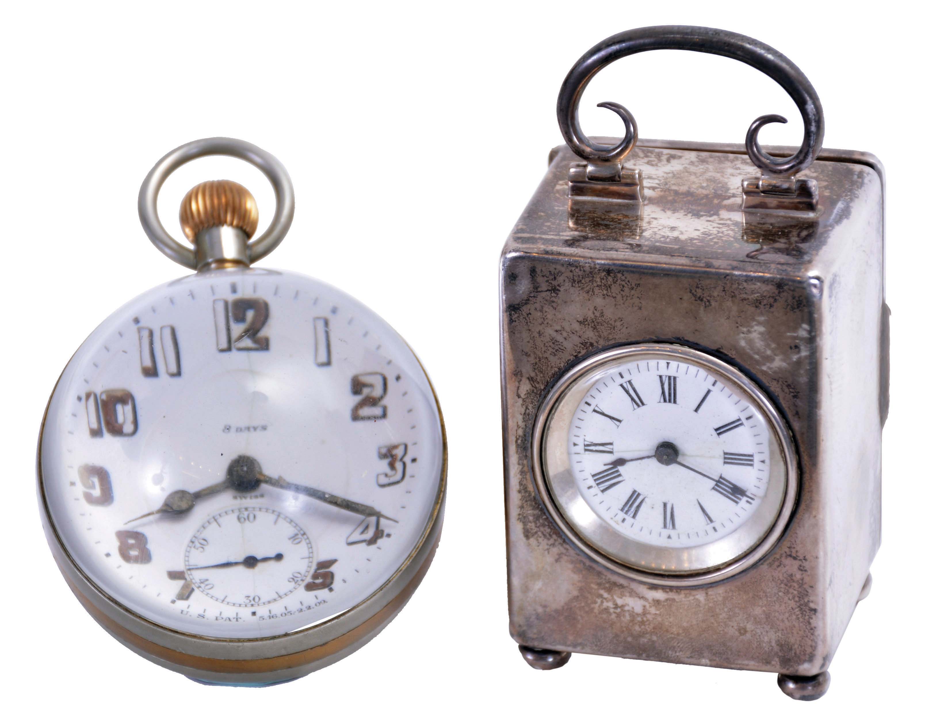 Clocks- 2 (Two): The first a silver cased carriage style clock, with London hallmark, and date letter for the year 1905, Roman numeral white enamel dial, blued steel hands, and 8 day French timepiece movement with lever platform, the other an "Octavia Watch Co." Swiss movement paperweight clock, Arabic numeral white enamel dial, brass hands, and 8 day timepiece movement, first clock dimensions listed — Antique Clocks Price Guide