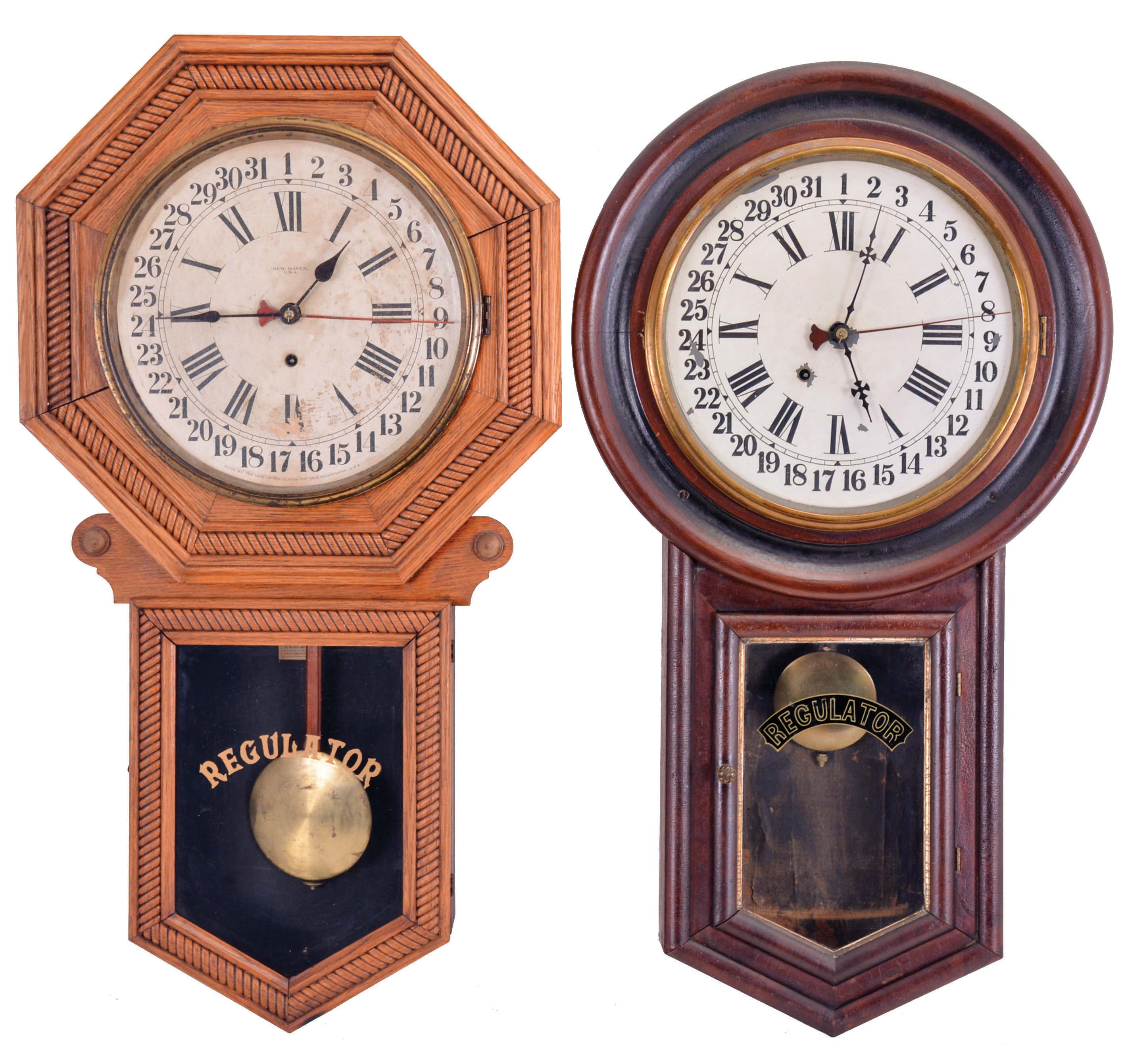 Clocks- 2 (Two): (1) New Haven Clock Co., New Haven, Conn., "No. 1 Timepiece Regulator" hanging clock with a spring driven, 8 day time and simple calendar movement in a walnut veneer case, c1895; (2) New Haven Clock Co., New Haven, Conn., "Eclipse Regulator" Made for the American Wringer Co., New York with a spring driven, 8 day time and simple calendar movement in an oak case, c1900. — Antique Clocks Price Guide