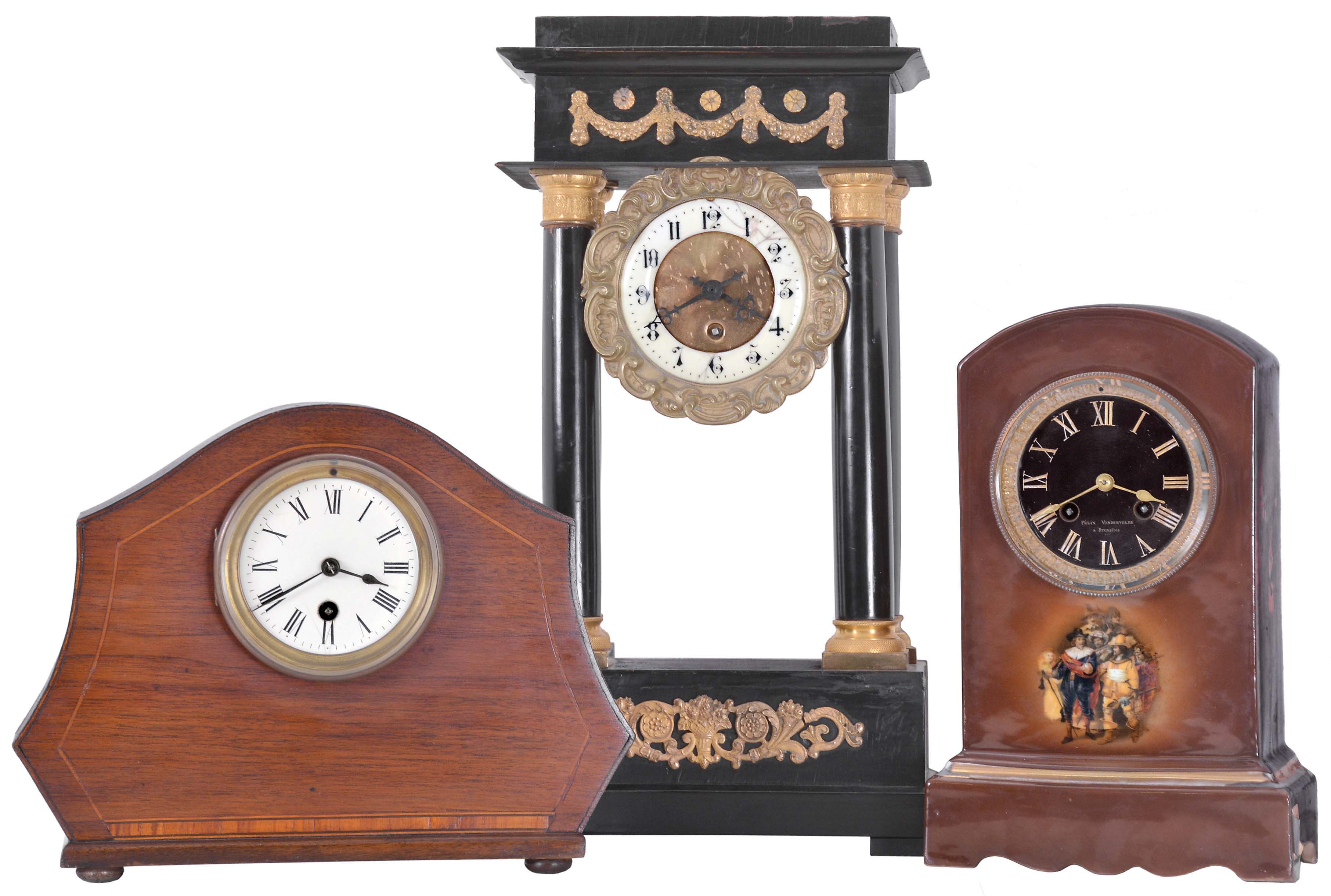 Clocks- 3 (Three): (1) French, 8 day, spring driven movement mantel clock. c 1900; (2) French, 8 day, spring driven movement 4-column Empire timepiece; (3) French, 8 day, time and strike spring driven movement porcelain case mantel clock. — Antique Clocks Price Guide