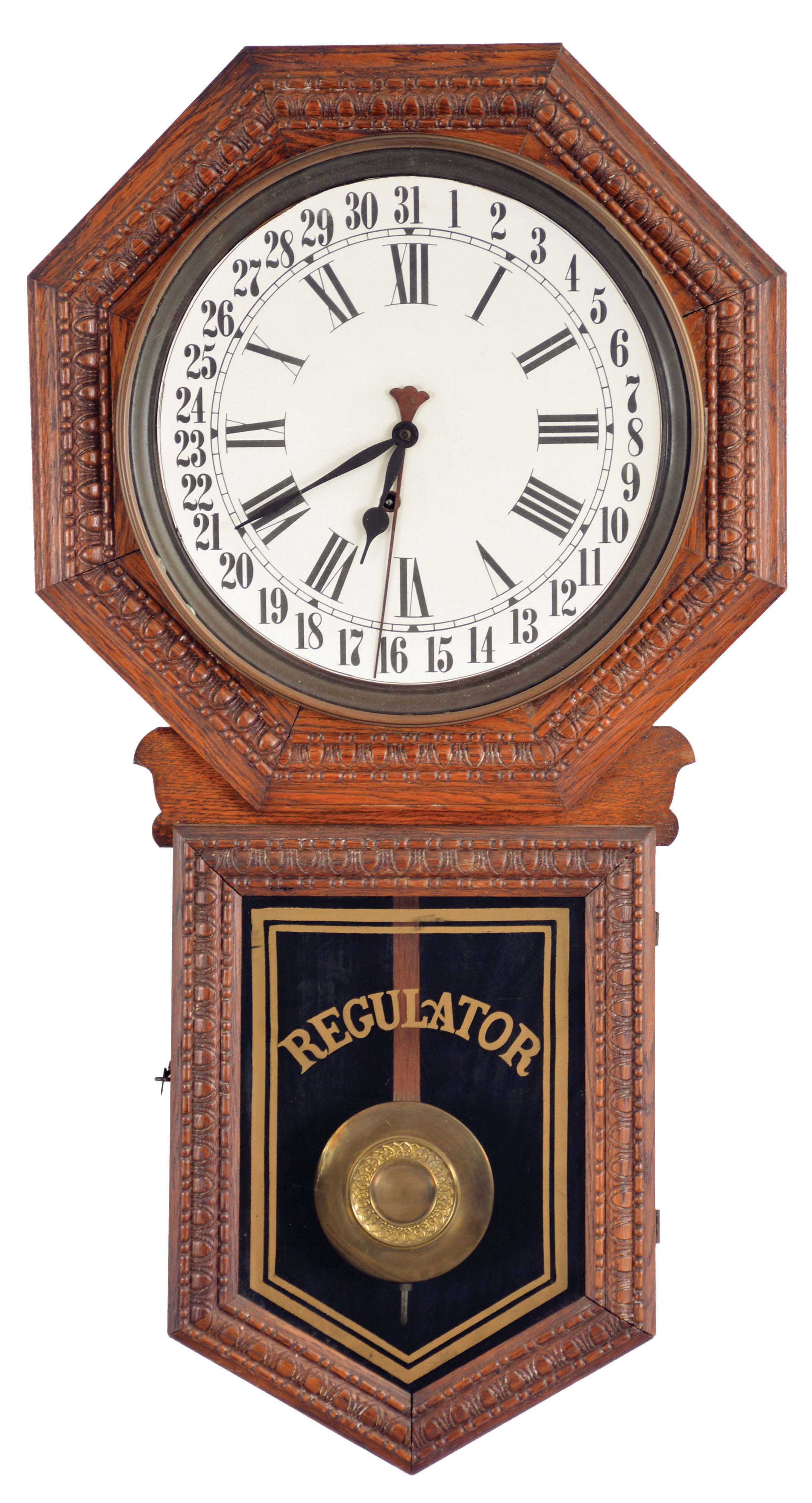 Clocks- 3 (Three) wall clocks: (1) E. Ingraham "Hartford" time only with calendar, pressed oak case; (2) German R/A spring driven in carved walnut case; (3) Smiths, London dial clock — Antique Clocks Price Guide